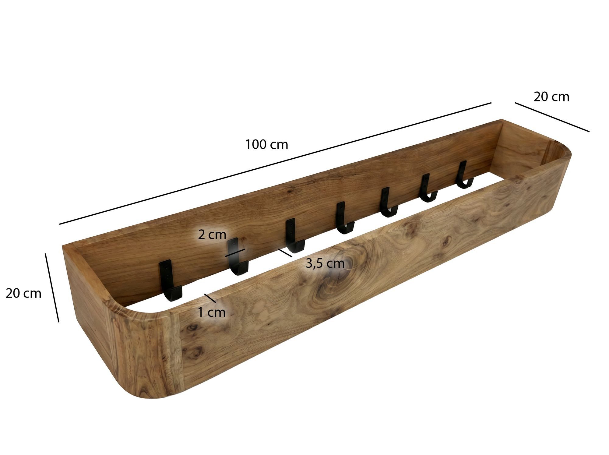 FINEBUY Wandgarderobe Garderobenpaneel 100cm Hängegarderobe Garderobe Flurgarderobe (Schönes Holzmöbel mit sieben Kleiderhaken), Rechteckiges Holzpaneel aus Akazie Massivholz