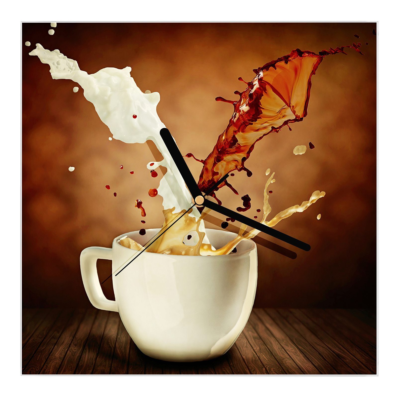 Primedeco Wanduhr Glasuhr Wanduhr Wandkunst Größe 30 x 30 cm mit Motiv Kaffee aus Tasse spritzend