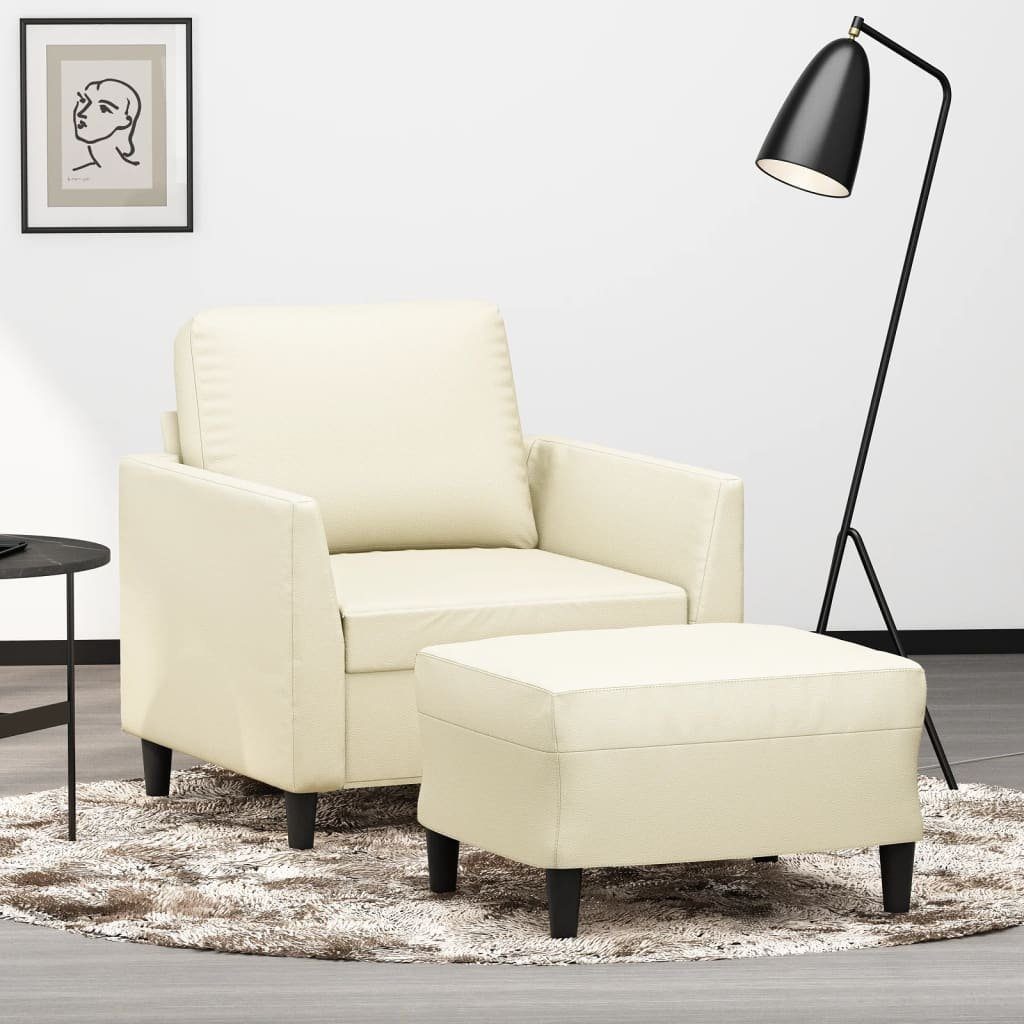 vidaXL Sofa Sessel mit Hocker Creme 60 cm Kunstleder