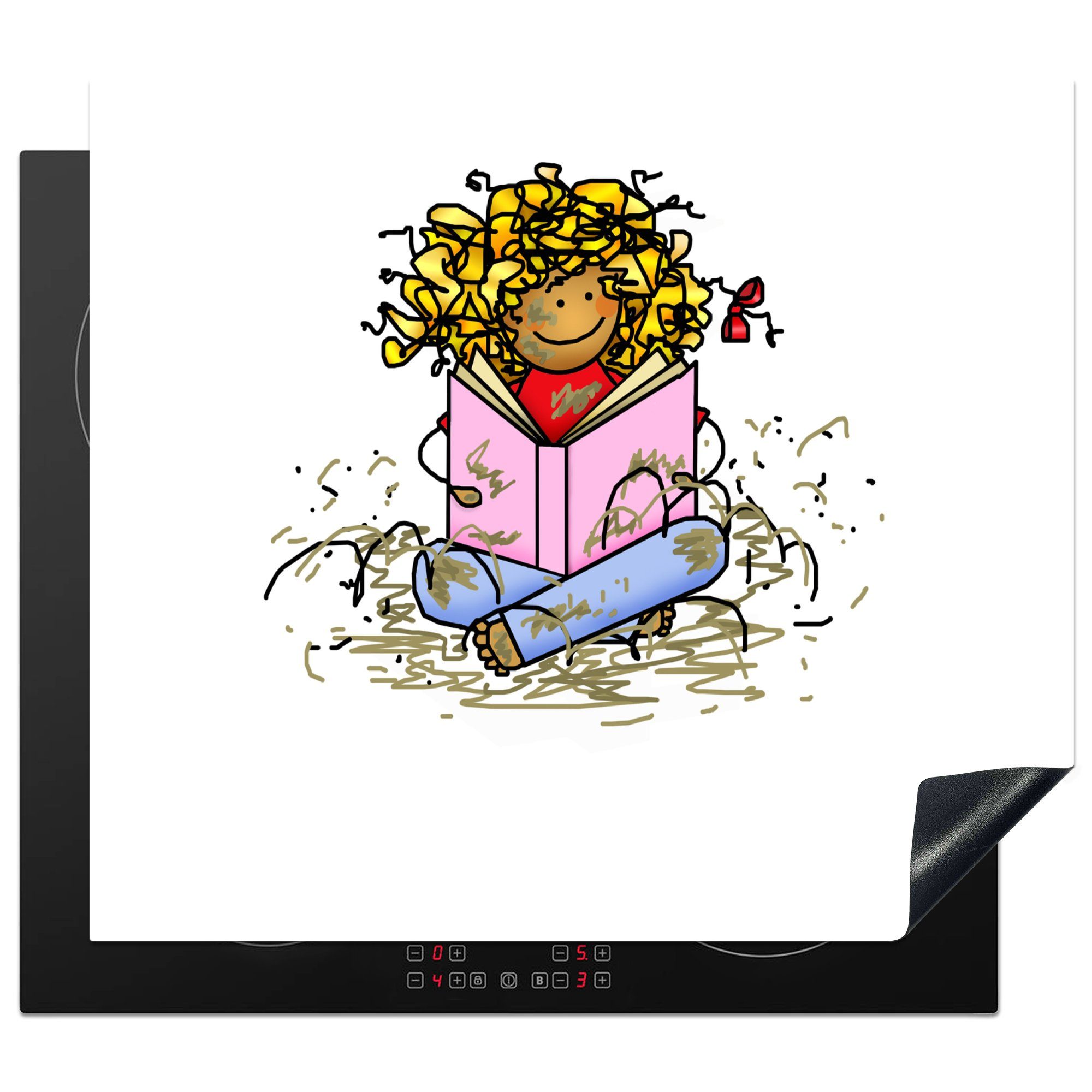 MuchoWow Herdblende-/Abdeckplatte Illustration eines Mädchens, das ein Buch liest, Vinyl, (1 tlg), 60x52 cm, Mobile Arbeitsfläche nutzbar, Ceranfeldabdeckung