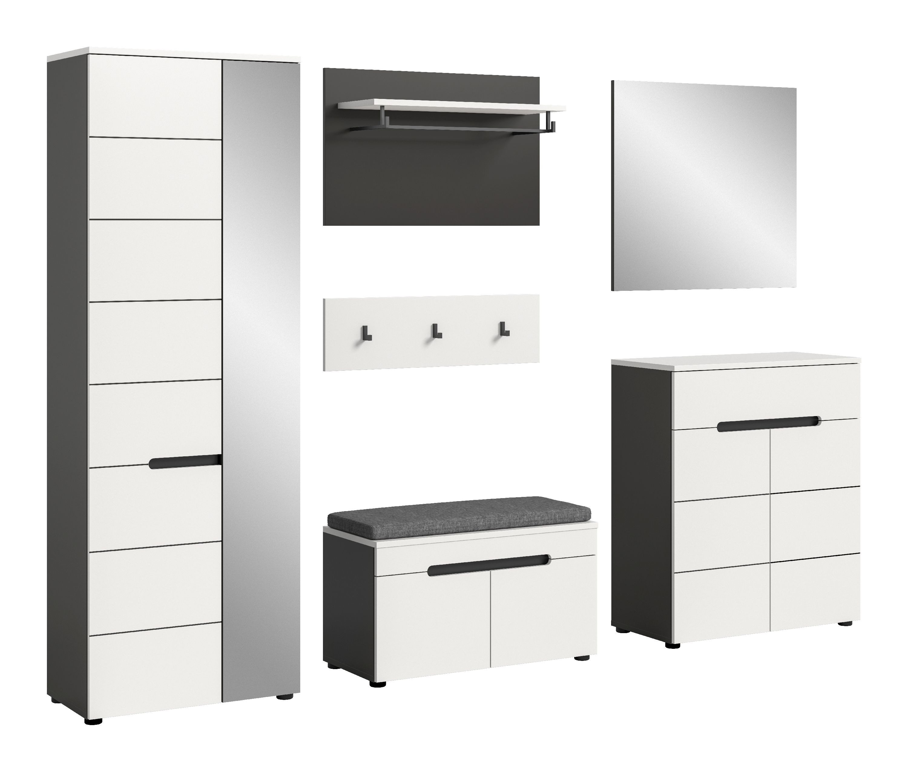 xonox.home Garderoben-Set Canu, (6tlg. Set inkl. Garderobenschrank, Sitzbank, Paneel, Schuhkommode), Basalt grau Nachbildung Melamin beschichtet modern 255x190x37 cm