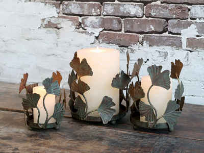 Chic Antique Windlicht Kerzenständer m. Blatt Dekor H15/D13 cm antique messing