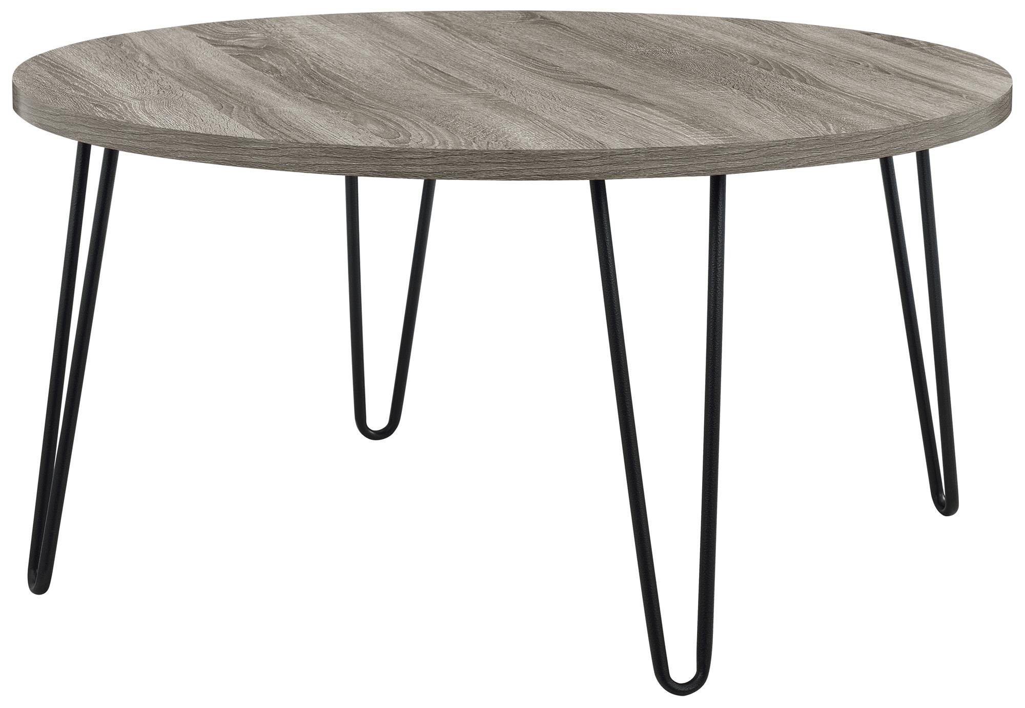 loft24 Couchtisch Owen, Wohnzimmertisch rund, Holzoptik, Metallbeine Hairpin-Design, modern