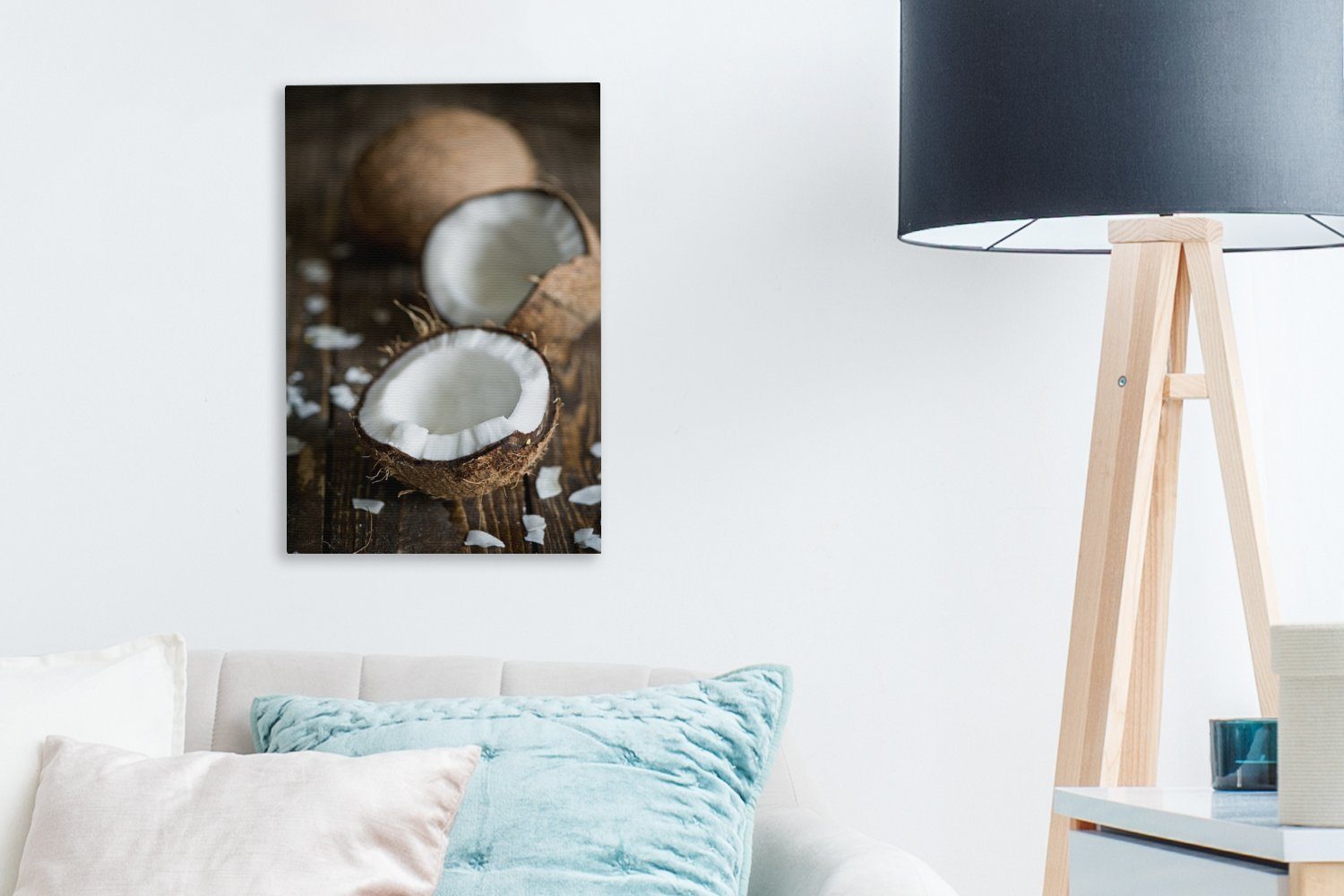 bespannt Holzsockel, cm Leinwandbild St), Kokosnüsse (1 20x30 Leinwandbild OneMillionCanvasses® und inkl. fertig Gemälde, Zackenaufhänger, einem auf Kokosnussschalen