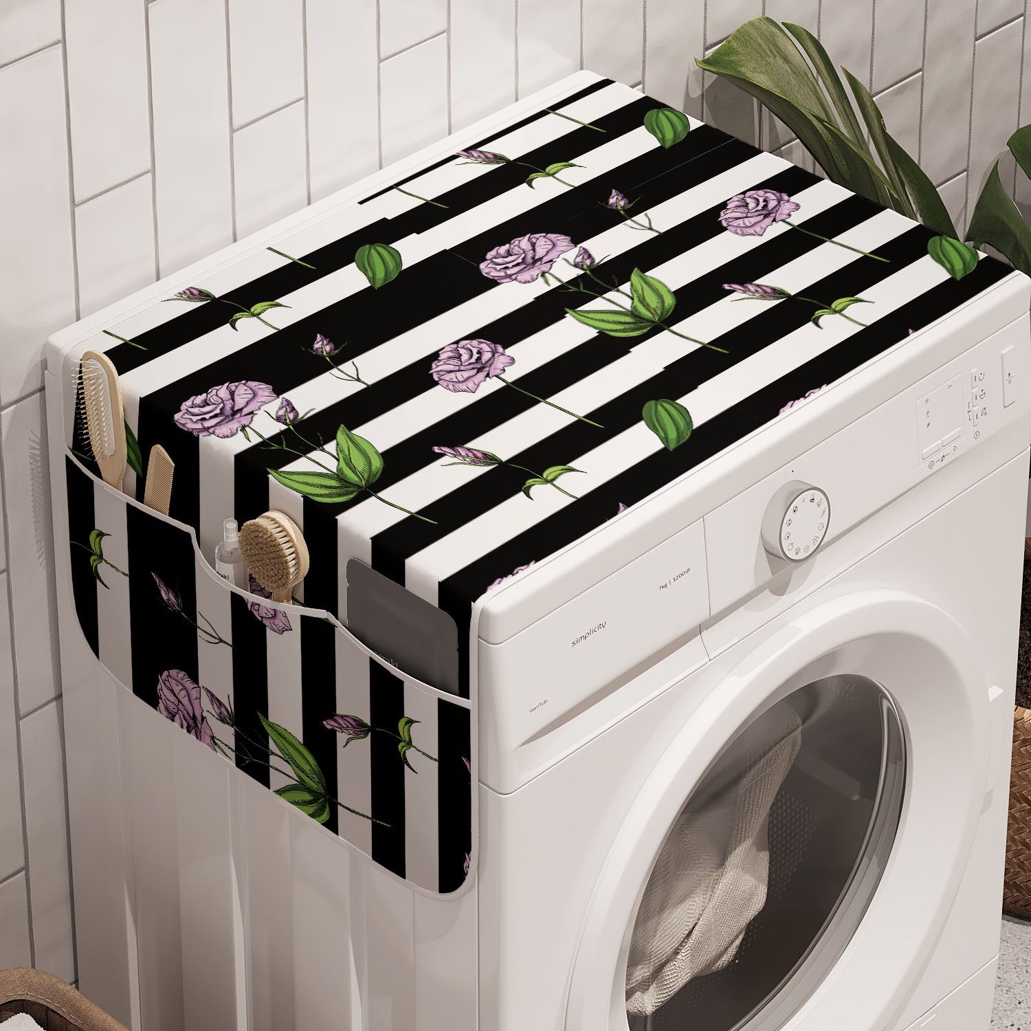 Blume Rose Waschmaschine auf rosa für Sanfte Anti-Rutsch-Stoffabdeckung und Streifen Trockner, Badorganizer Abakuhaus