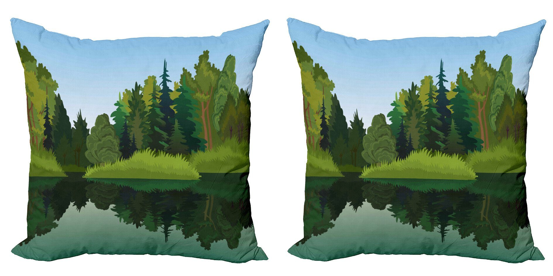 Kissenbezüge Modern Accent Doppelseitiger Digitaldruck, Abakuhaus (2 Stück), lake Forest Ruhe Bäume auf reinen See