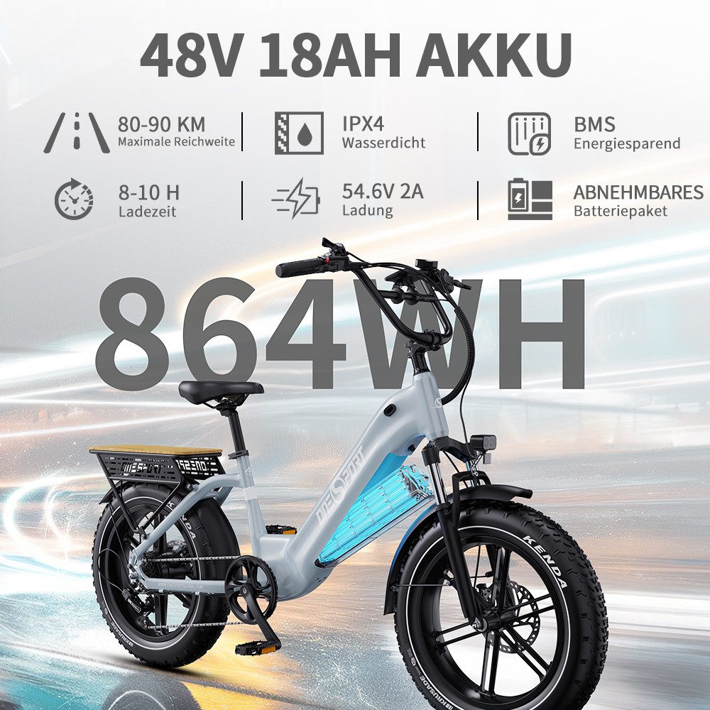 Onesport E-Bike Cityrad 204,0 Zoll E-Fahrrad Damen u. Herren 864WH Pedelec, 48V 18AH 130 km, Kettenschaltung, Heckmotor, 864 Wh, (Beleuchtungsset mit Batteriela – Bild 5 von 5