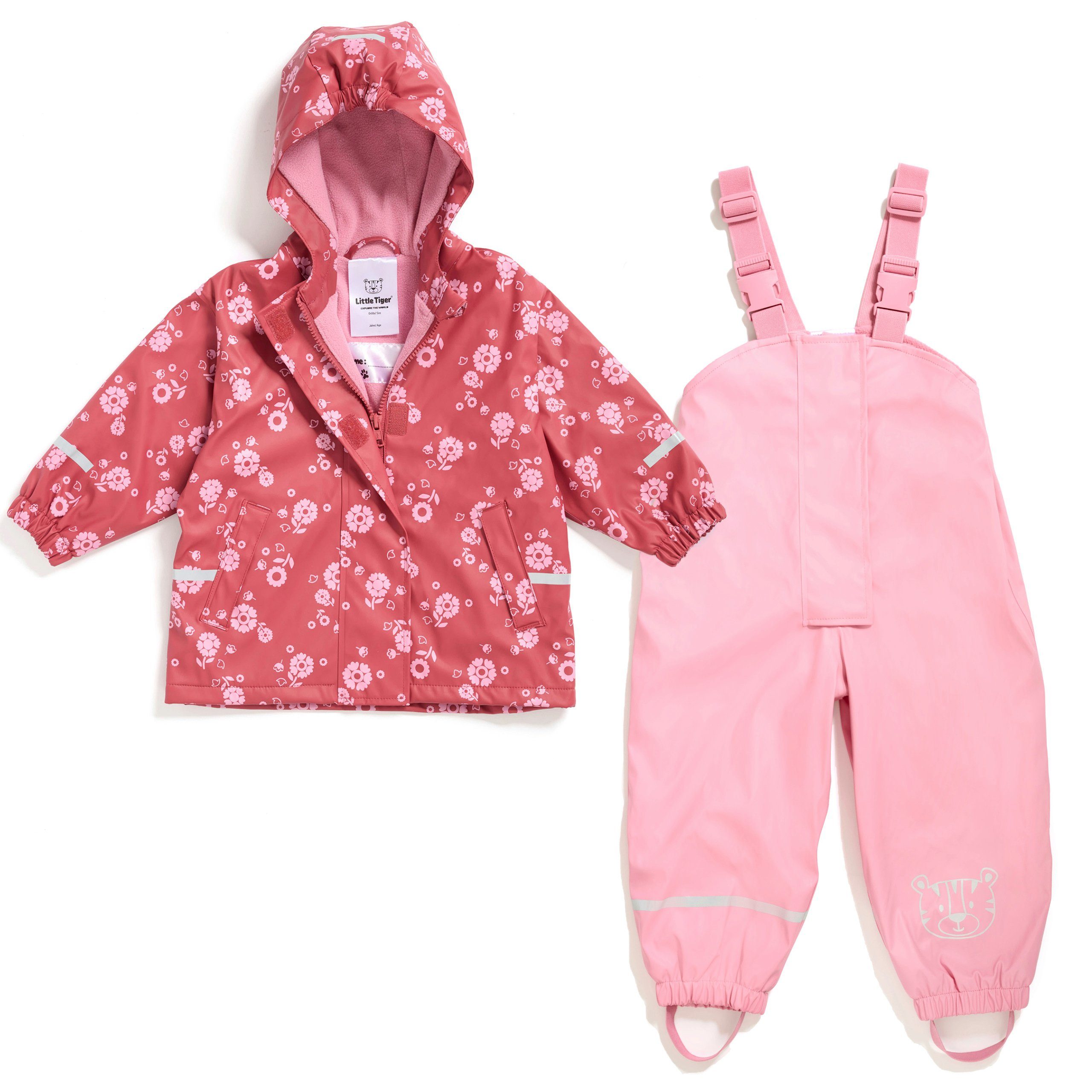 Regenjacke rot-rosa wasserdicht, für Kinder Little winddicht, aus gefüttert, Öko-Tex, Regen- Regenhose Kapuze, und Tiger® Matschjacke und Regenanzug-Set bestehend Latzhose