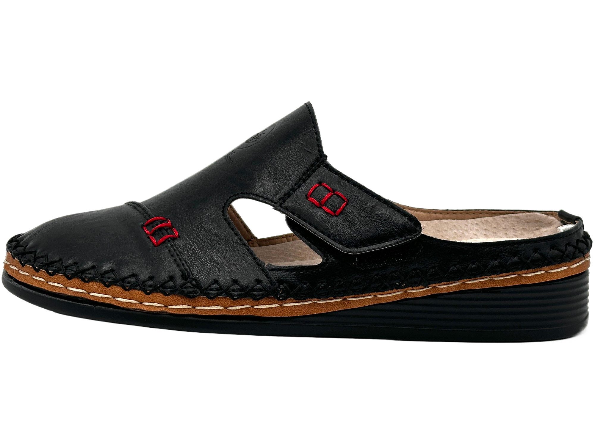Bequeme Damen-Pantolette mit Klettverschluss und Ziernähten Pantolette