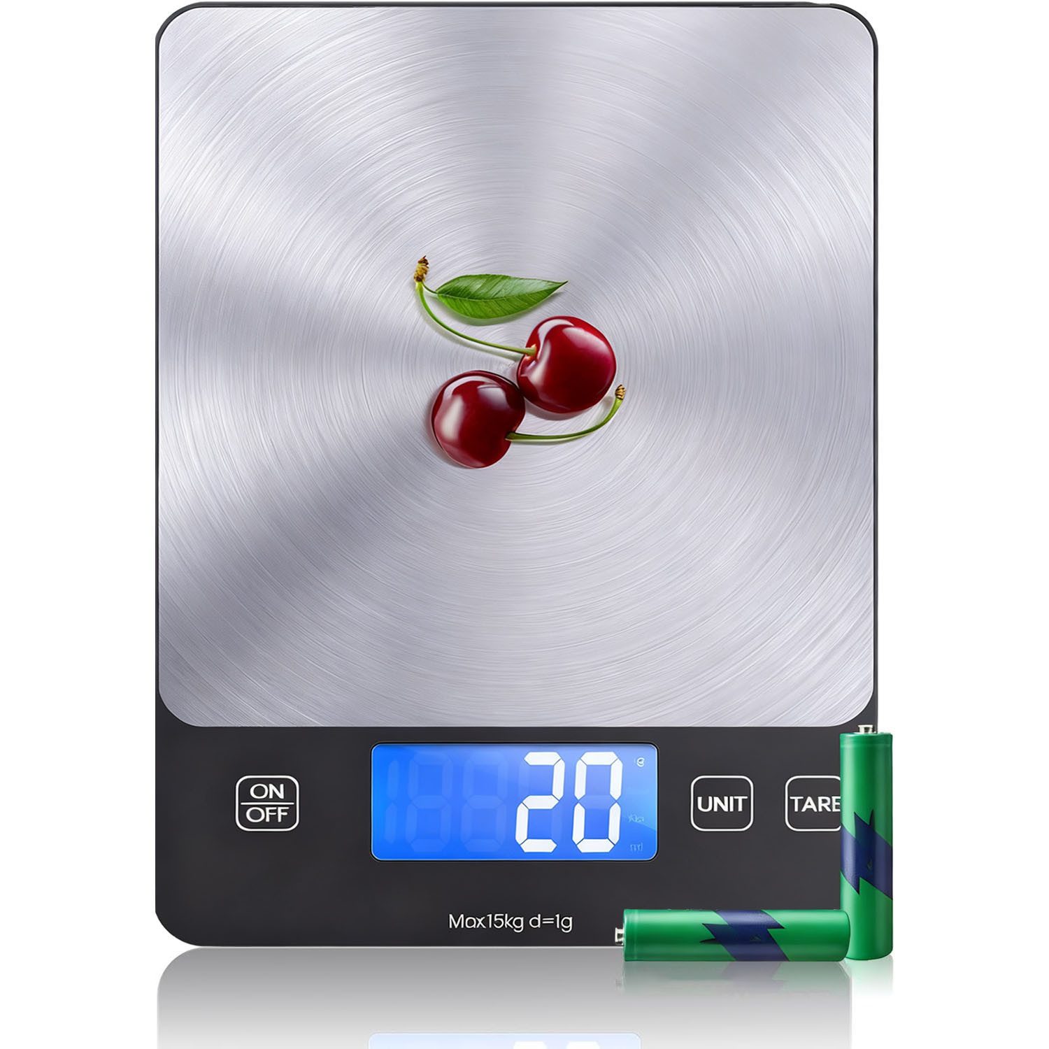 AIMAX Küchenwaage Digital mit Geneigtes Display Edelstahl Bestseller 15 kg, (Lebensmittelwaage, 1g/0.03oz LCD-Display Digitalwaage Briefwaage mit Großer), Professionell mit harter Funktion, Batterien enthalten