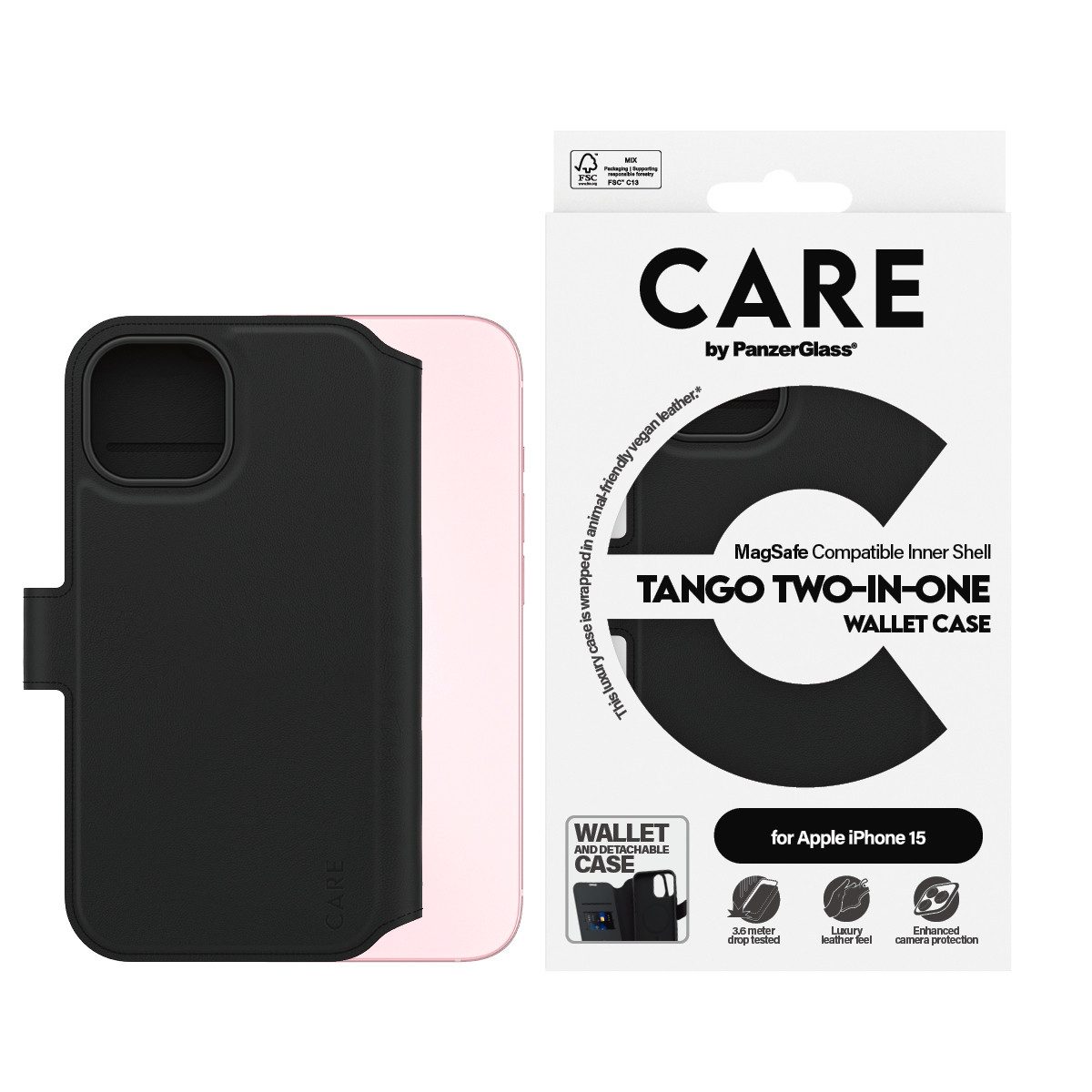CARE by PanzerGlass Handyhülle MagSafe Compatible Tango 2-in-1 Wallet Case für Apple iPhone 15, Backcover, Schutzhülle, Handyschutzhülle, Case, Schutzcase, stoßfest