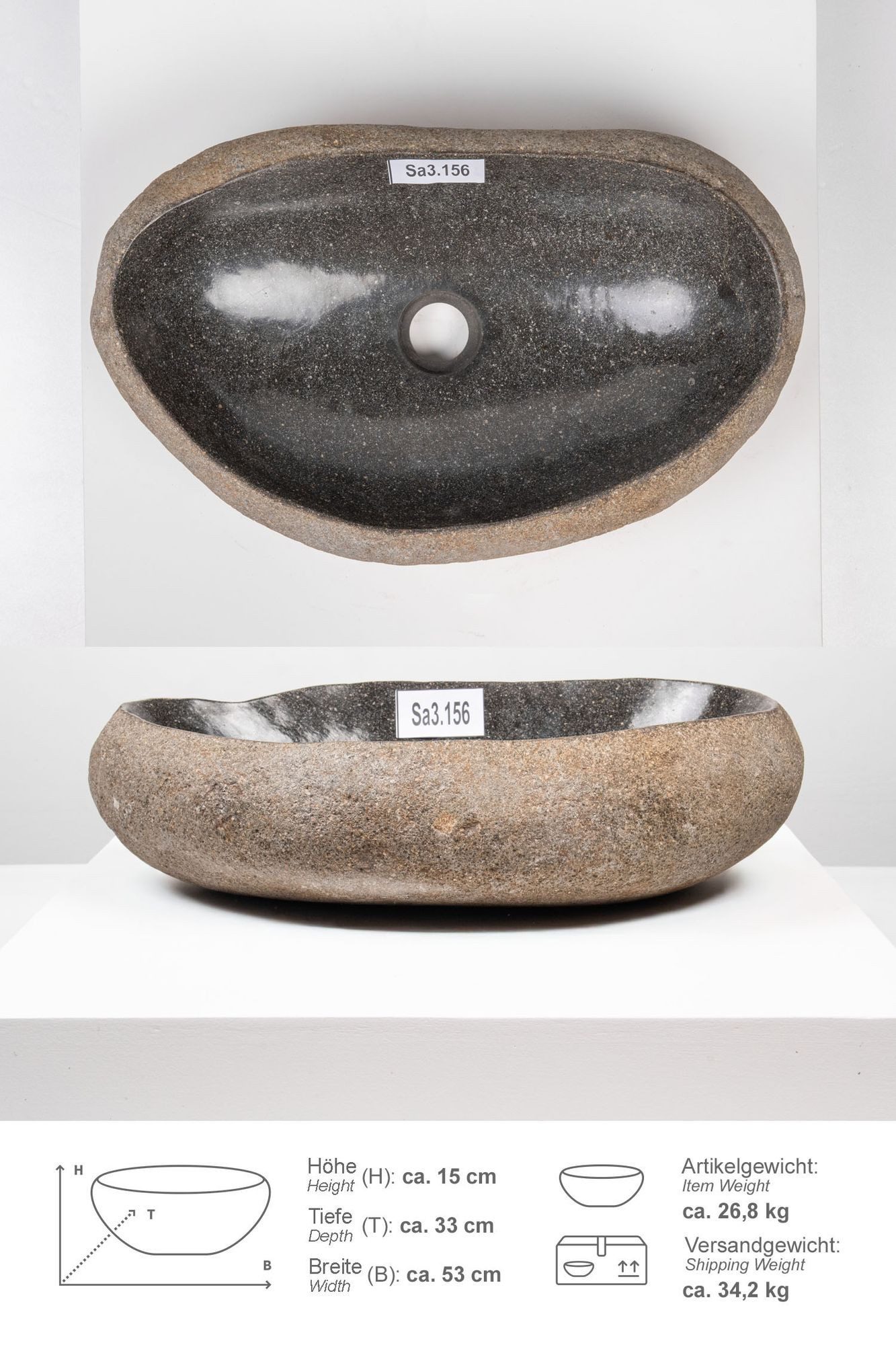 wohnfreuden Aufsatzwaschbecken Naturstein Waschbecken 50 cm mit Naturkante (Kein Set), 125646_Sa3.156