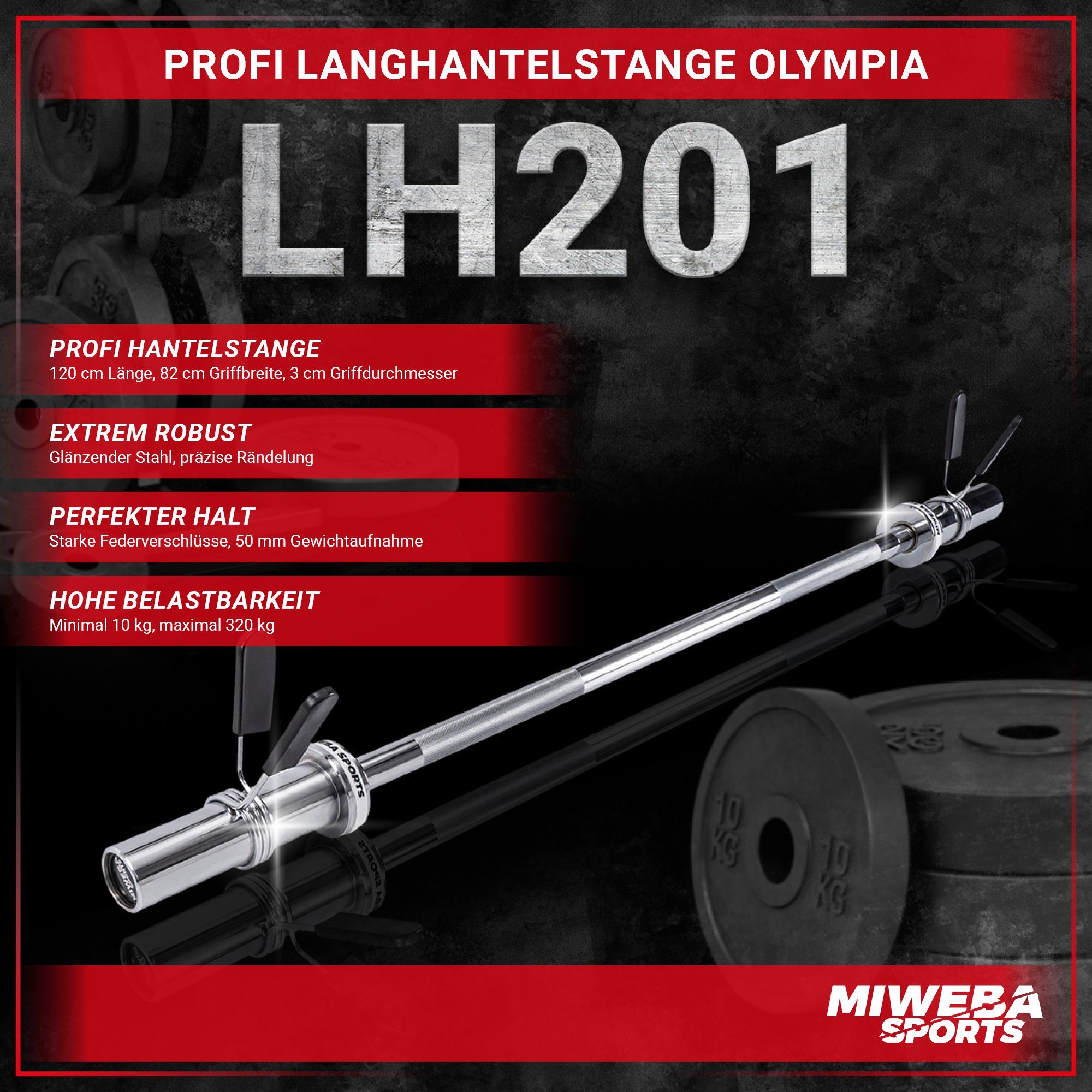 Miweba Sports Langhantelstange Profi Langhantel Krafttraining, Hantelstange 10 Gewichtheben - 320 Muskelaufbau, Training, Stahl, inkl. Stahl, kg 7.5 Belastung, (50mm, Eigengewicht, Federverschluss, Hanteltraining, cm, x x 120.0 Fitnesshantel kg Stange Hantel gerändelt, cm Set Set Ganzkörpertraining, Stange 120,00 7.5 LH201 3-tlg), Workout, Olympia max