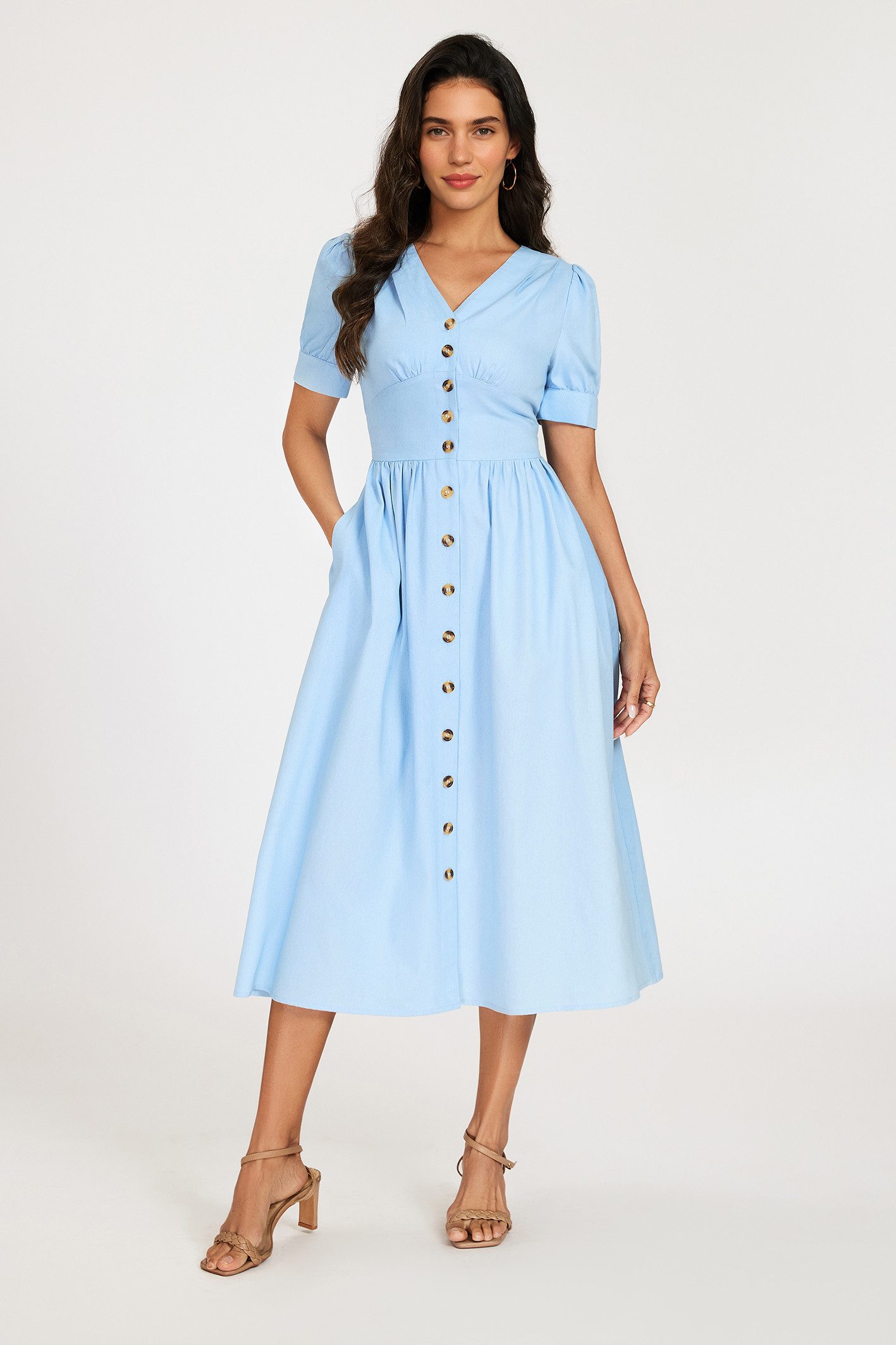 FS Collection Midikleid Damen Midikleid Sommerkleid Jeanskleid mit Knopfleiste Kurzarm (XS (EU:36 / UK:8) · S (EU:38 / UK:10) · M (EU:40 / UK:12) · L (EU:42 / UK:14) · XL (EU:44 / UK:16) Knopfleiste, Puffärmel, elastische Taille hinten