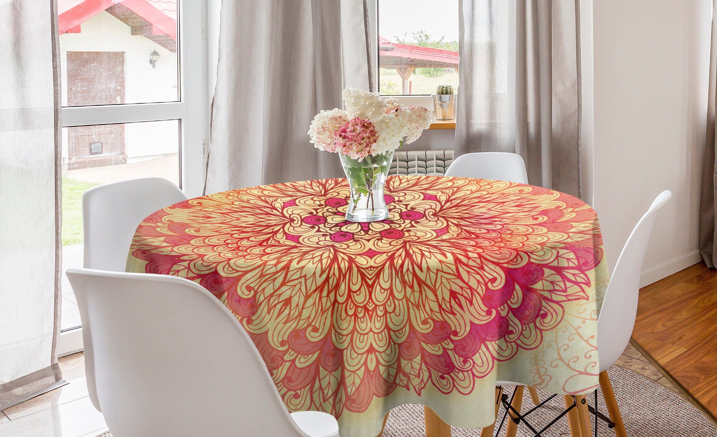 Abakuhaus Tischdecke Kreis Tischdecke Abdeckung für Esszimmer Küche Dekoration, Red Mandala Lively Flora