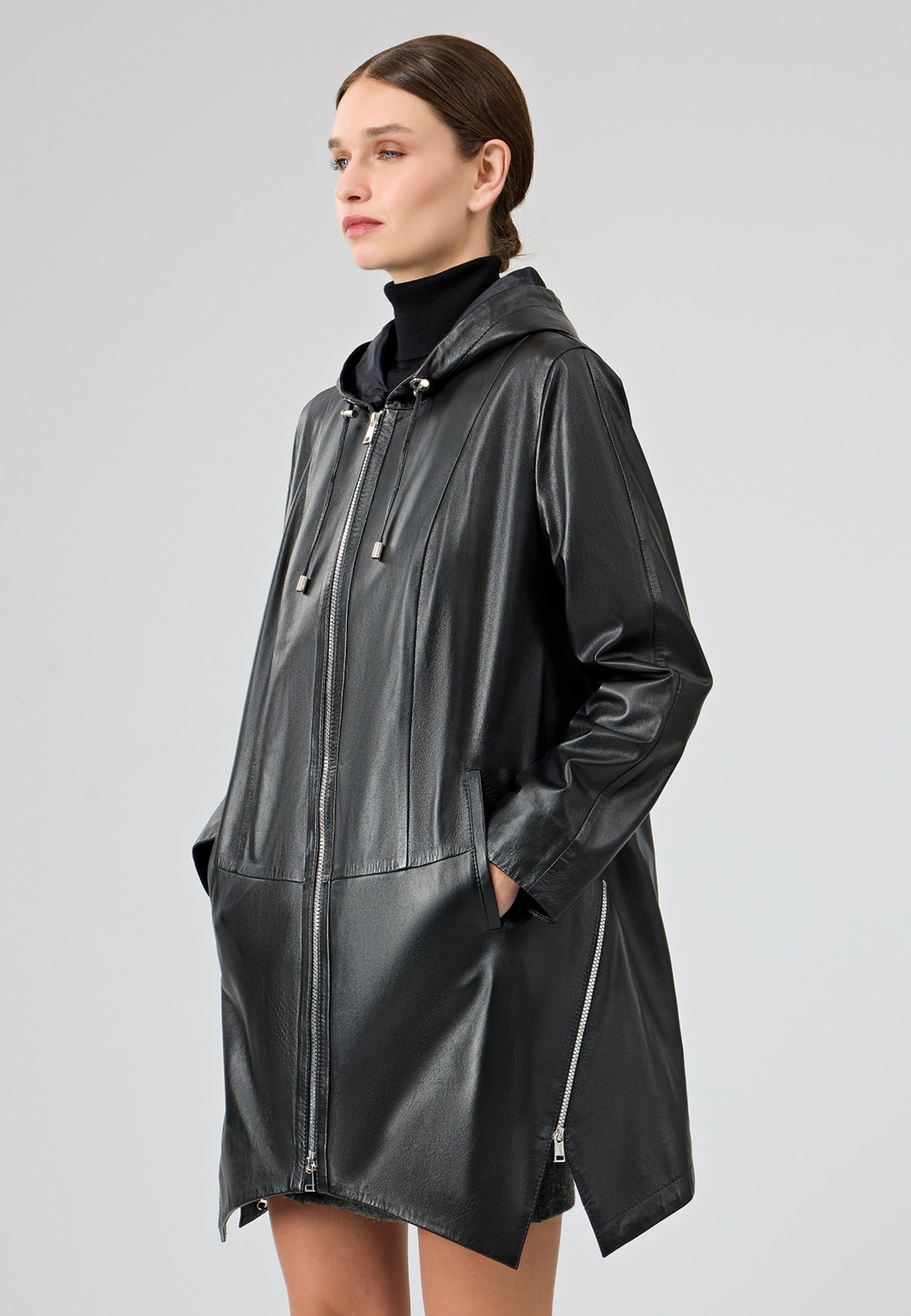 Derimod Lederjacke Daniela Leder-Trenchcoat Mit Kapuze Oversize Fit, Reißverschluss, Mit Kapuze, Lang, Textilfutter
