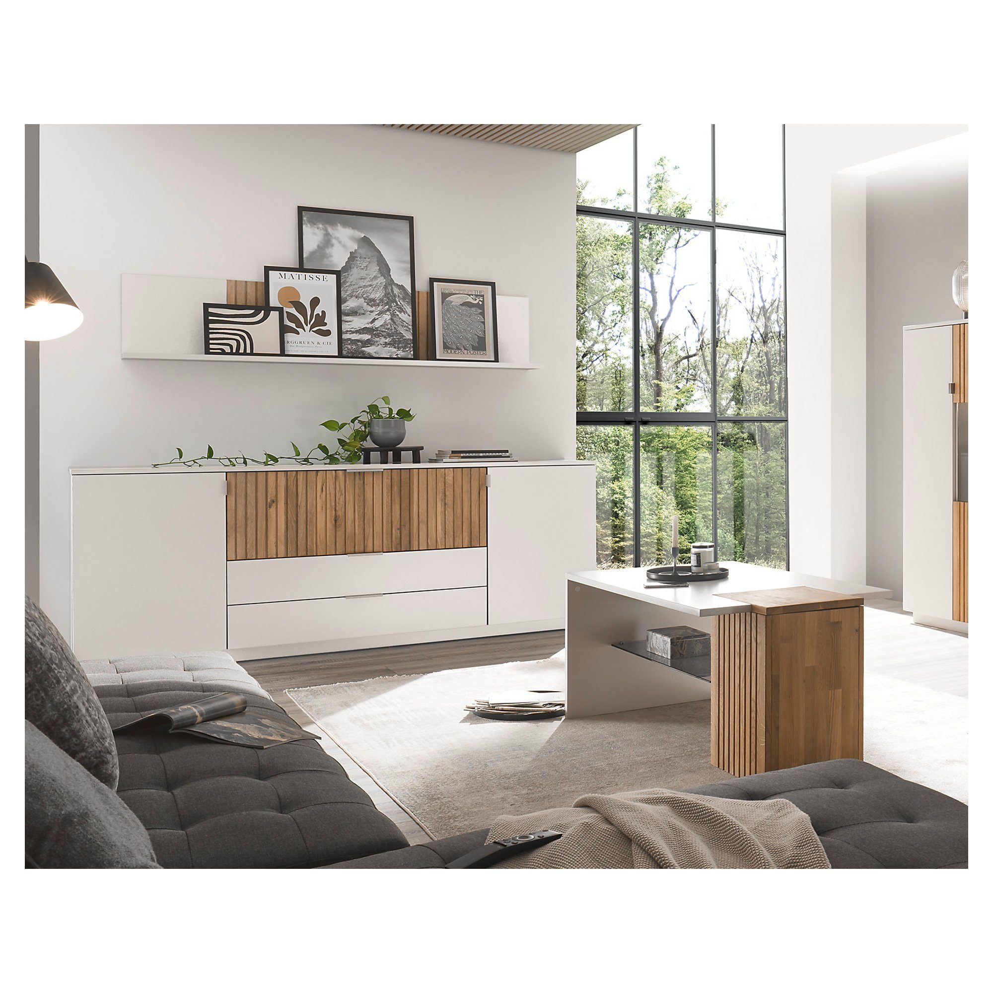 expendio Wohnzimmer-Set Linda 52, (Spar-Set, 3-St), weiß-grau lackiert/ Eiche massiv bianco geölt | Wohnwände