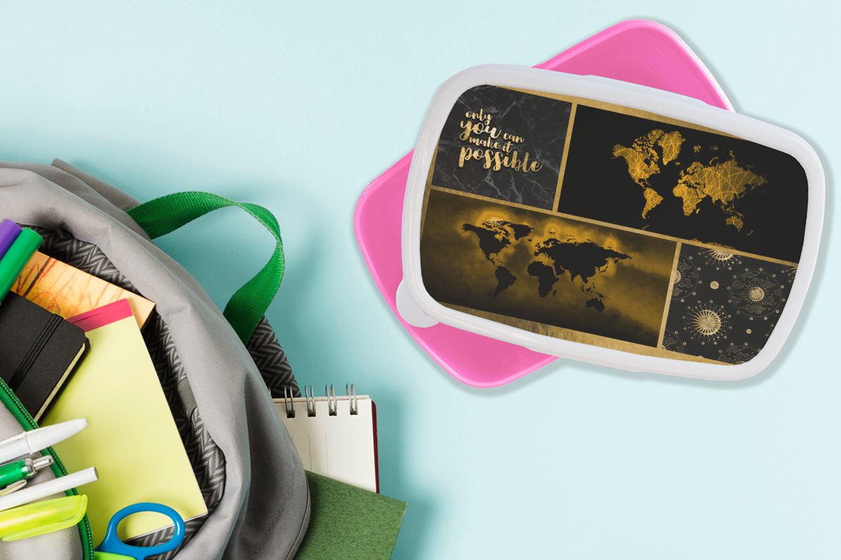 Mädchen, Snackbox, Erwachsene, Kunststoff, Collage - Weltkarte für Brotdose - Brotbox Luxus (2-tlg), MuchoWow Gold, rosa Kinder, Kunststoff - Lunchbox