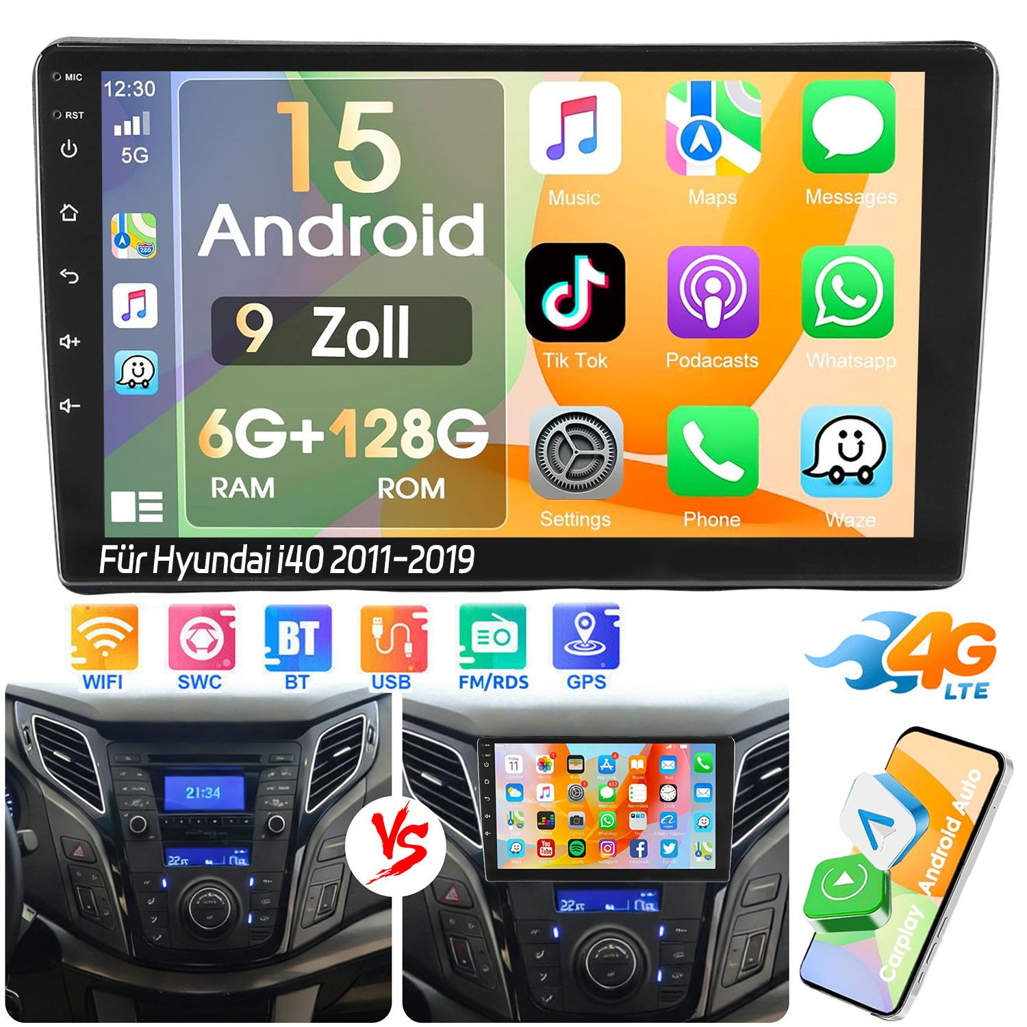 ESSGOO 4G 6+128G Carplay Android15 Autoradio Für Hyundai i40 2011-2019 BT 5.0 Autoradio (DAB+ (optional), DAB (optional), 4G LTE, RDS, AM, FM, 6GB+128GB, Carplay Android Auto Bluetooth EQ USB GPS Navi WIFI Touchscreen)
