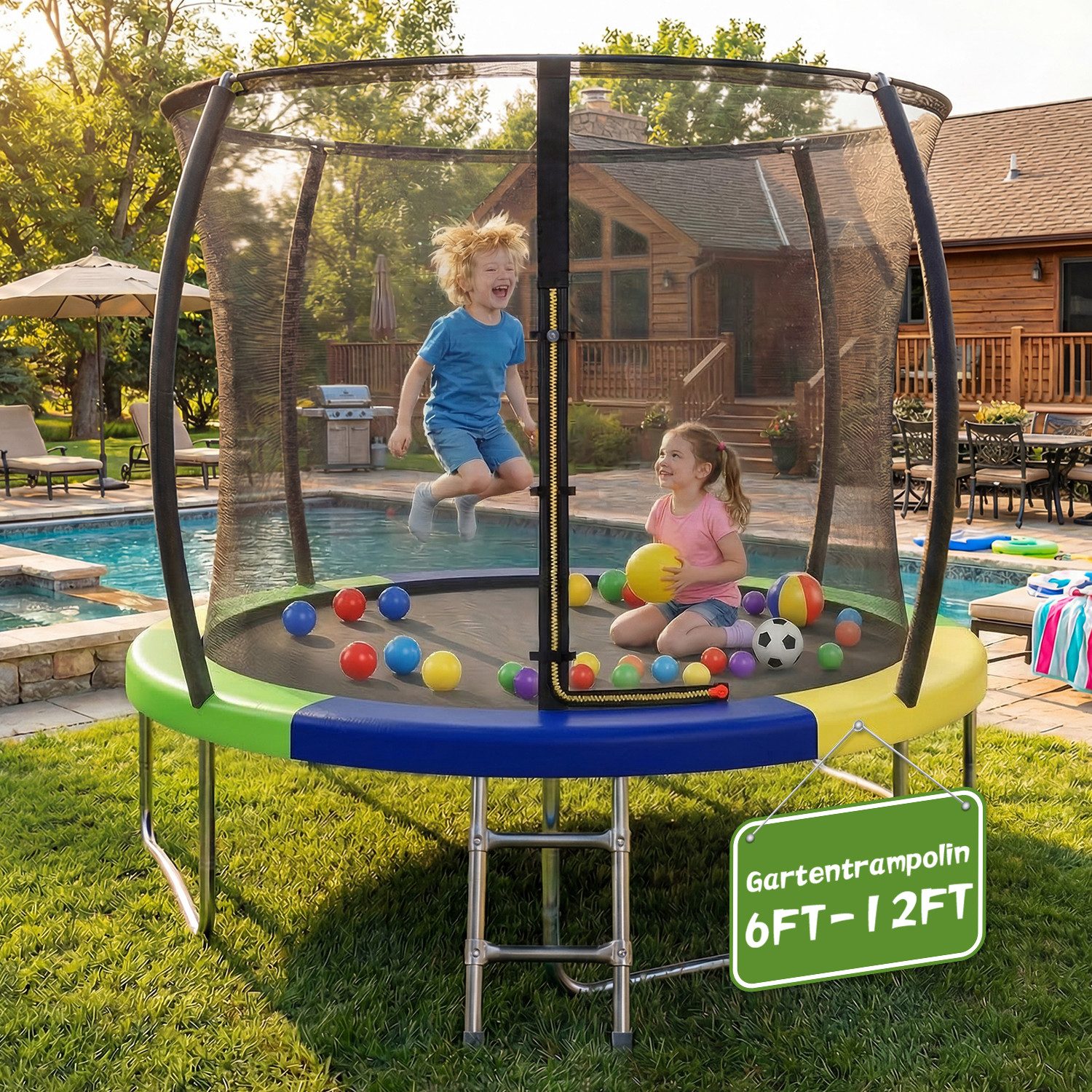 HOMALL Gartentrampolin Kindertrampolin Outdoor-Trampolin Durchmesser: 183/220/290/360 cm, Ø 183 cm, (Durchmesser 183 cm (mit Sicherheitsnetz und Schutzhaube, Tragkraft 50 kg/150 kg, 360°-Sicherheitsnetz, erhältlich in Schwarz/Blau/mehrfarbig) -ostern gesc