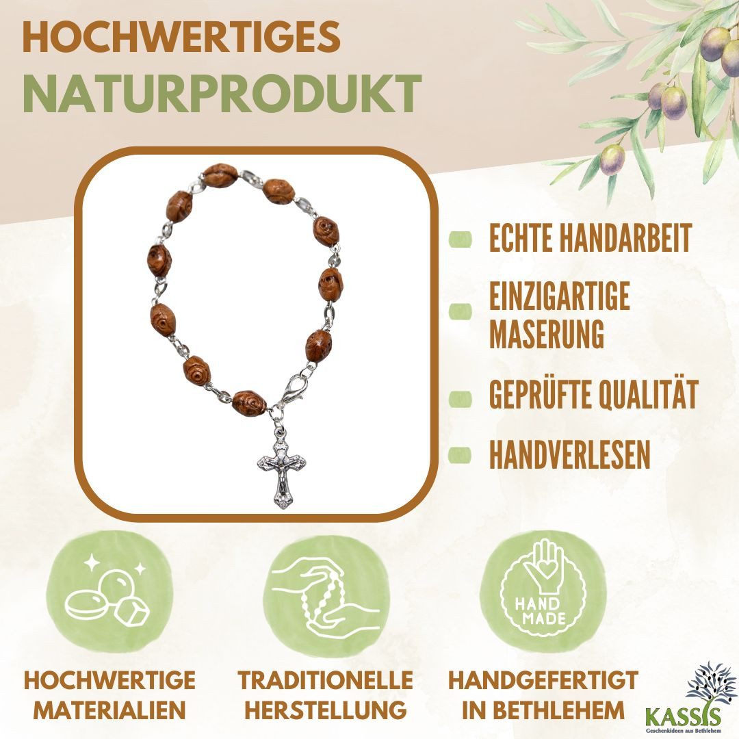 Kassis Geschenkartikel Armband mit verzierten Olivenholz-Perlen Geschenk Talisman Glücksbringer, handgefertigt in Bethlehem, Geschenk zu Kommunion Taufe Firmung