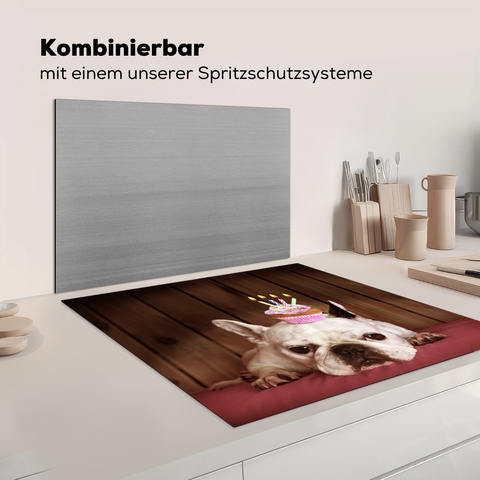 - Vinyl, - Kerzen, Bulldogge küche tlg), für cm, Herdblende-/Abdeckplatte Französische Cupcake MuchoWow Arbeitsplatte 78x78 (1 Ceranfeldabdeckung,