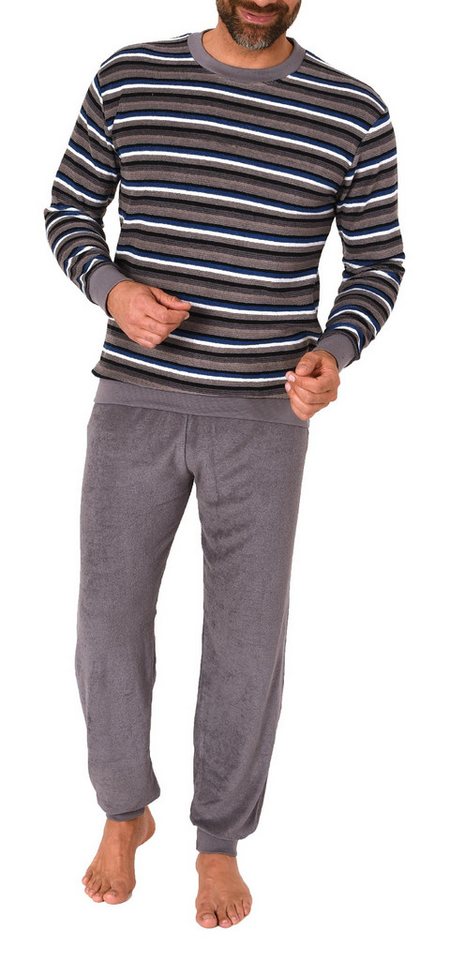 Normann Pyjama Herren Frottee Schlafanzug lang, Pyjama mit feinem Ringel-Muster