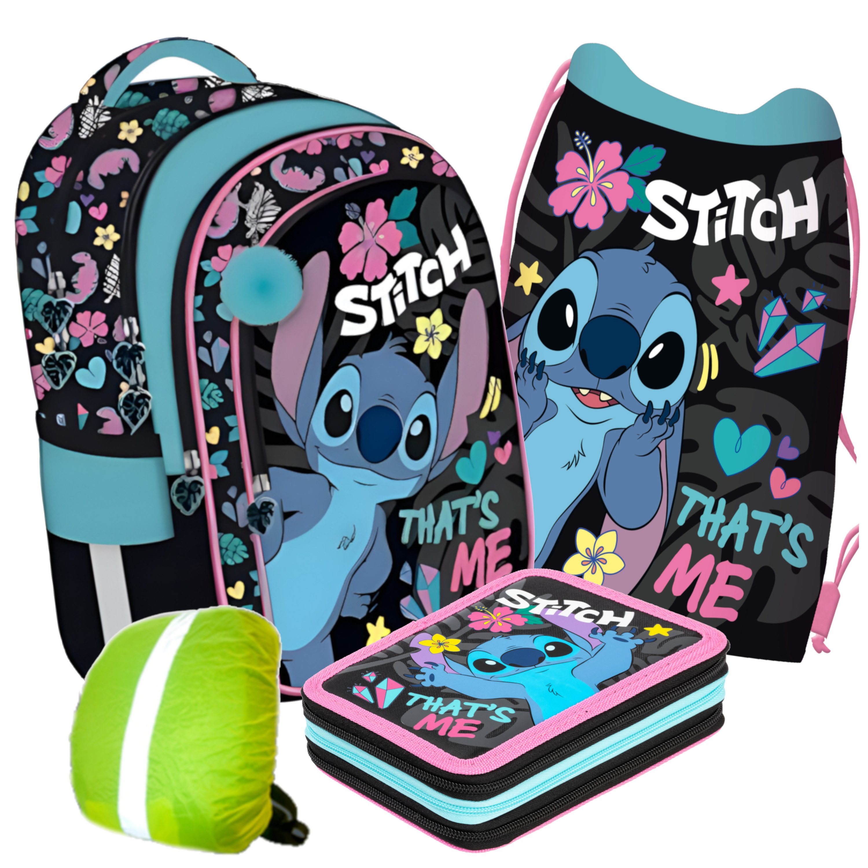 GOLDKIDS Schulranzen für Jungen und Mädchen, 4er-Set - (Schul-Rucksack für Kinder mit Federmäppchen, 1-tlg., - Schuhbeutel und Regenschutz), - Stitch Motiv