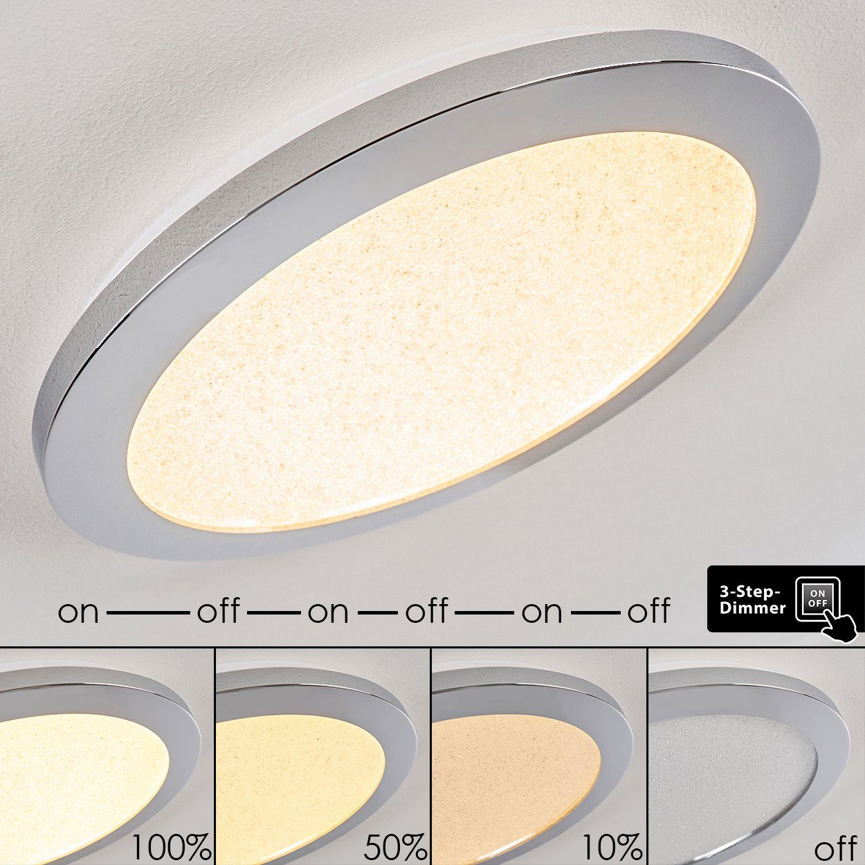 hofstein Deckenleuchte rundes über Deckenpanel chrom, 18 3 Watt, Stufen aus dimmbar, Glitzer-Effekt mit in Metall 1200 Lumen, »Gleris« Lichtschalter in IP44