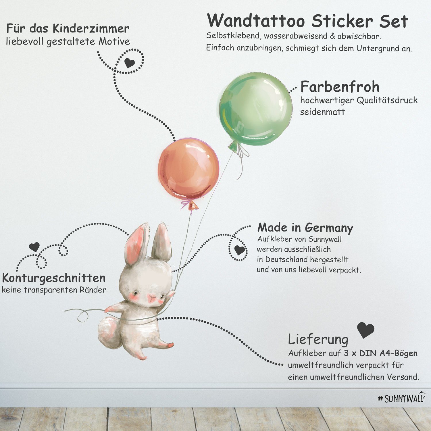 Sunnywall Wandtattoo Ballon Hasen Wandsticker Wandtattoo günstig online kaufen