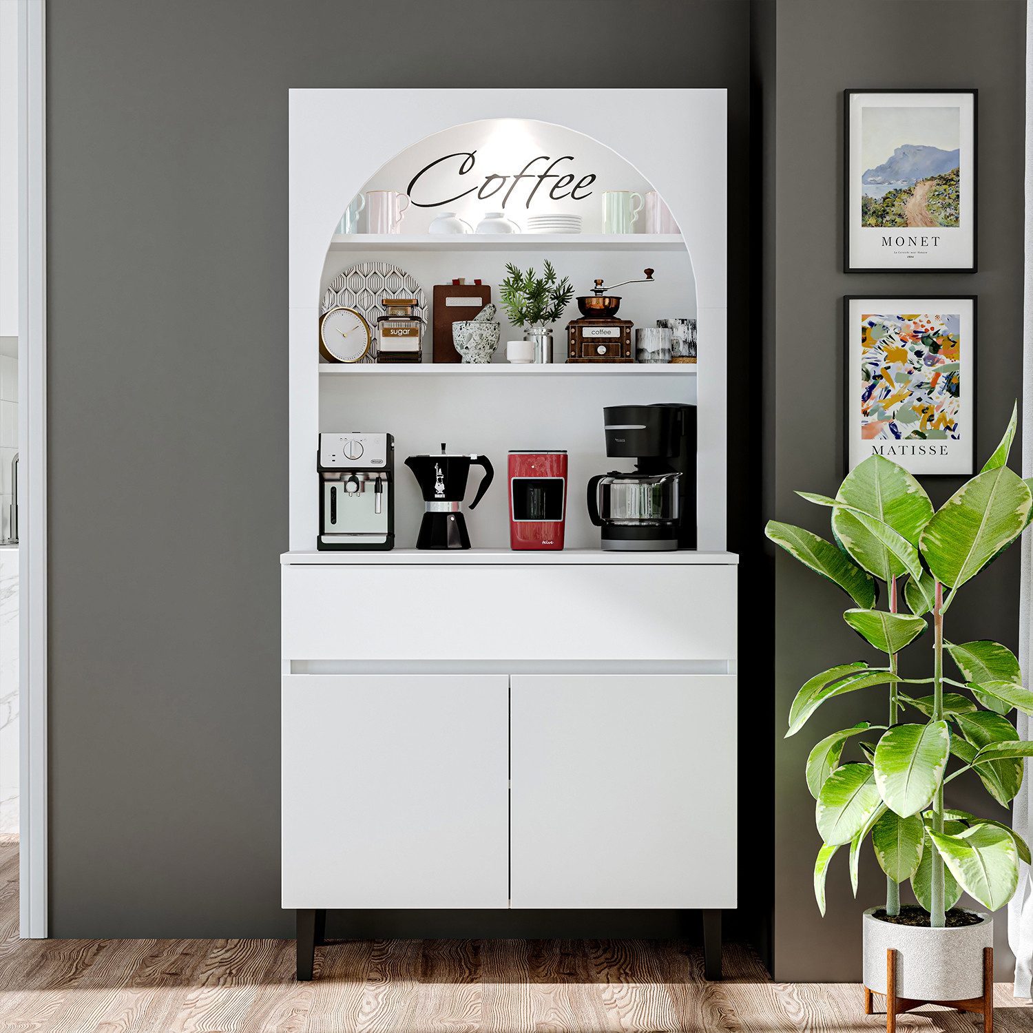 Roomart Küchenregal VENEDIK Küchenschrank 90 cm, Buffet, Schublade in 4 Farben, mit Beleuchtung, offene Nische, Schublade, Einlegeböden in 4 Farben