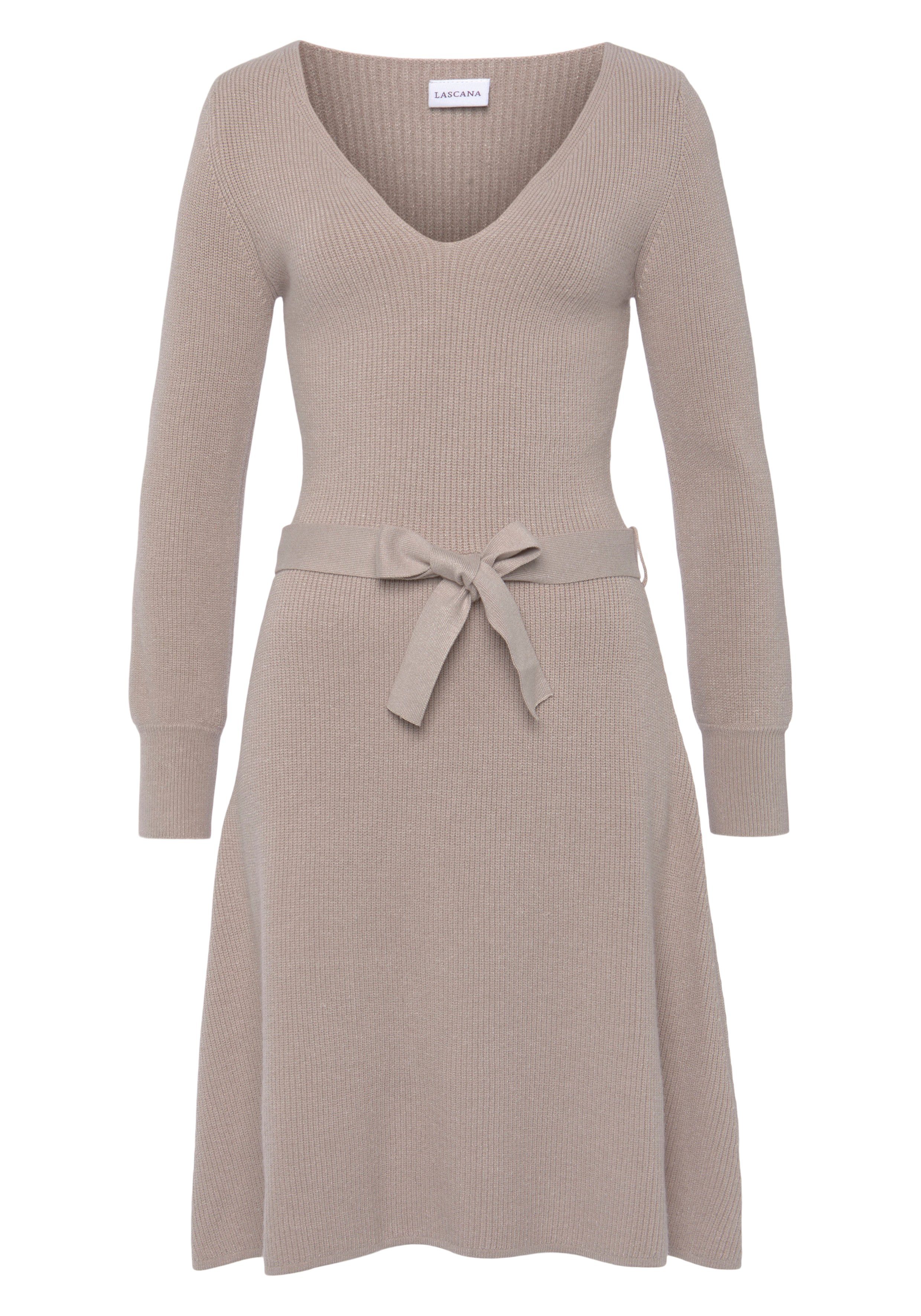 LASCANA Strickkleid (mit Bindegürtel) und V-Ausschnitt, Herbst- Winterkleid, casual-elegant mehr