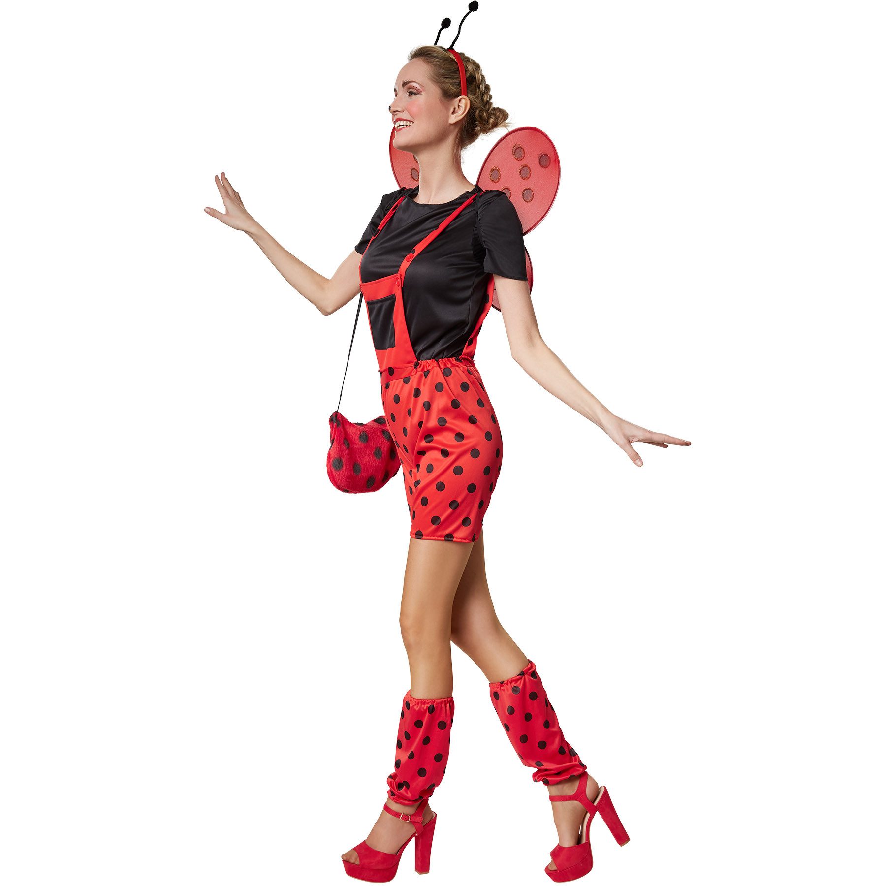 dressforfun Kostüm Käfer/Insektenfigur, in schwarz/rot, Gr. XXL, Beinstulpen mit, Latzhose zum Knöpfen mit großer Brusttasche, T-Shirt mit kurzen Ärmeln