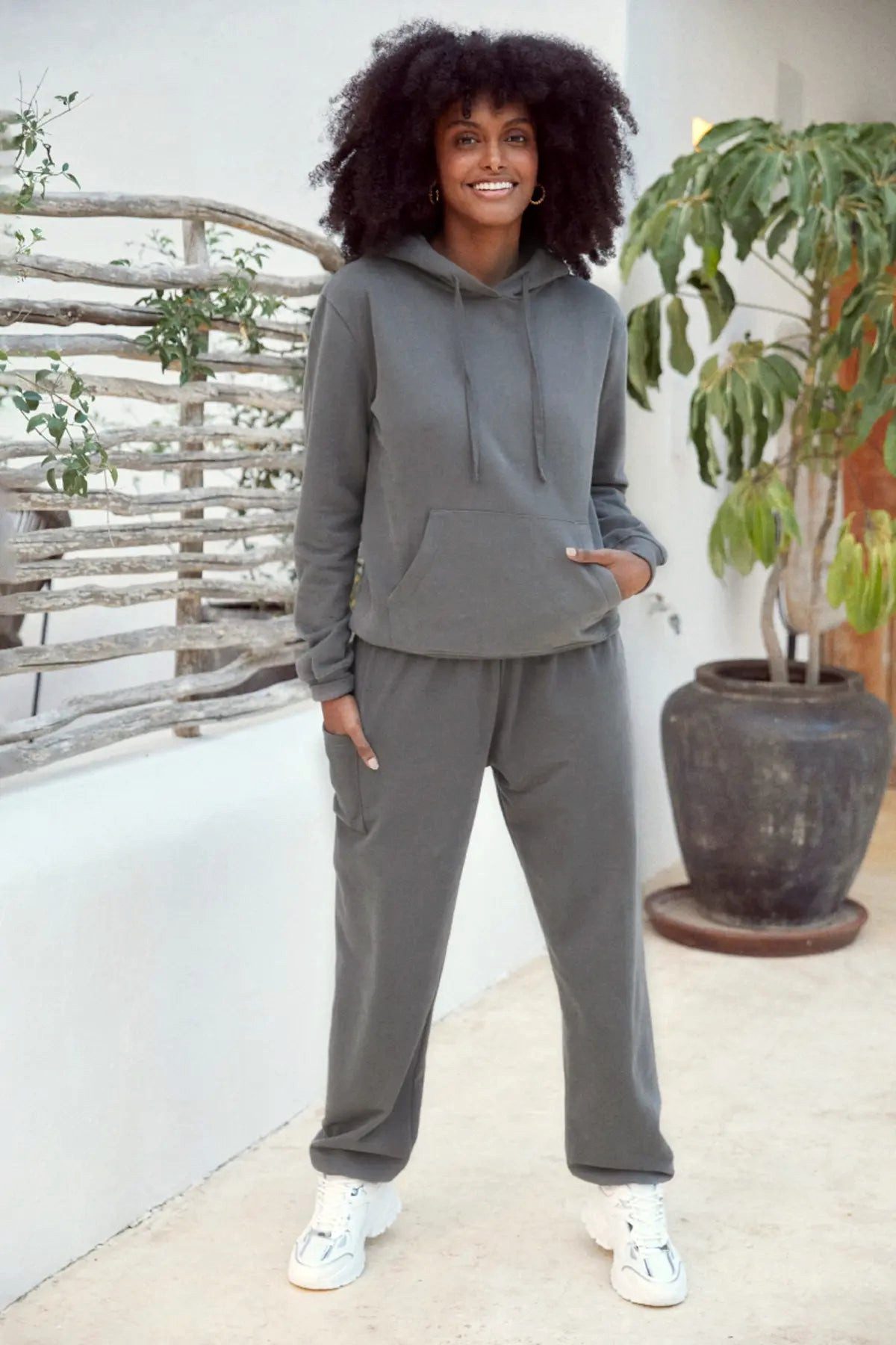 paigh Homewearhose Damen Warme Loungewear Haremshose aus Bio-Baumwolle Anthrazit
