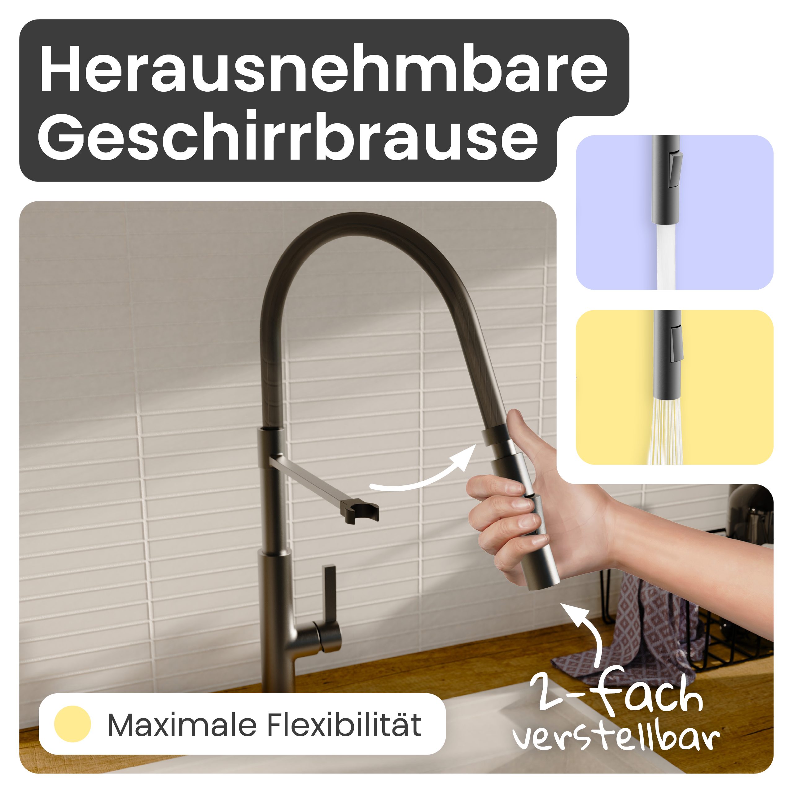 instmaier Küchenarmatur Nova, Spültischarmatur mit hohem Auslauf, flexible Handbrause 2 Strahlarten