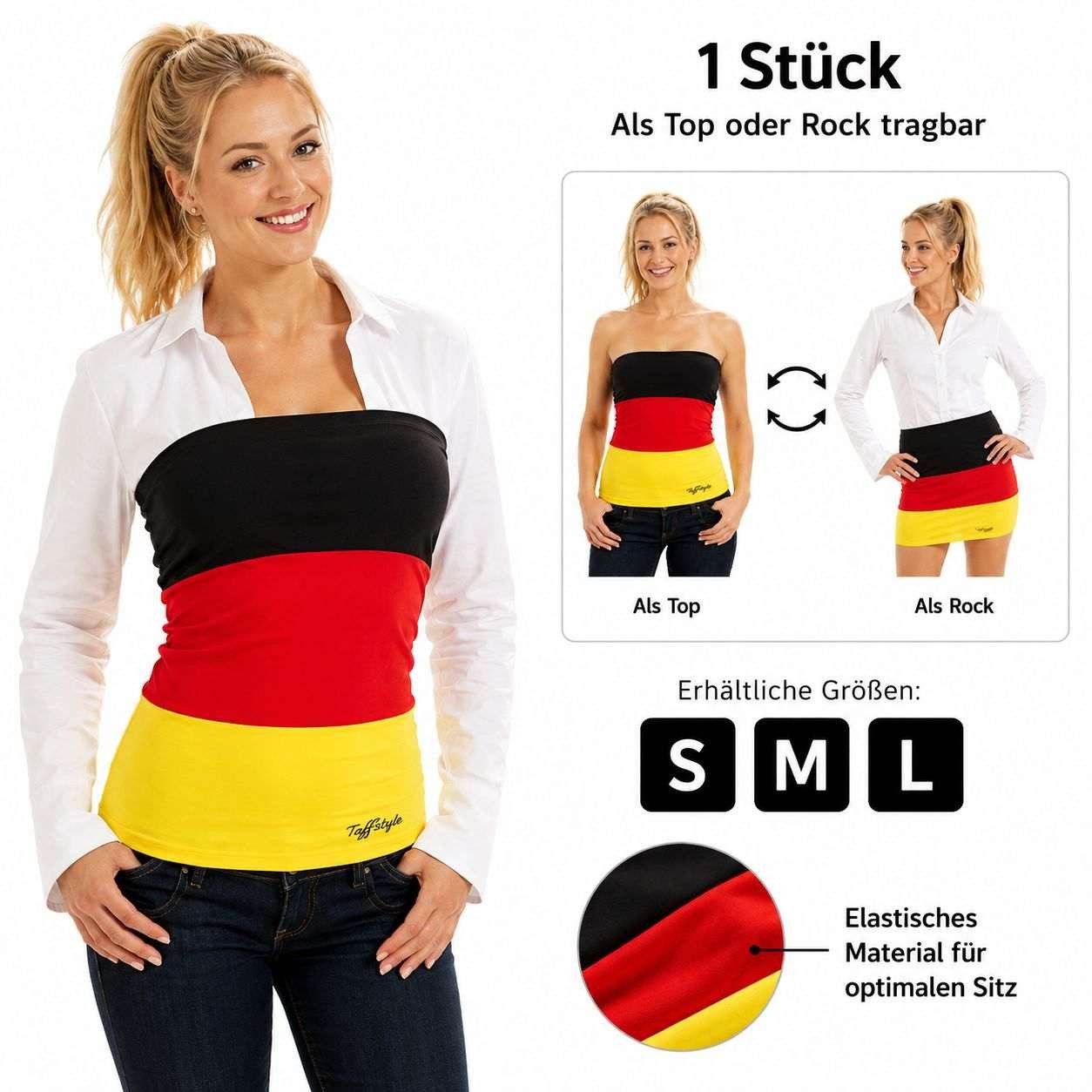 Taffstyle Flagge Deutschland Damen Fanmode als Top oder Rock für Fußballfans EM & WM (Fanrock und Bandeau Top für Fußball EM WM Public Viewing und Stadion), Deutschland Fanmode als Top oder Rock für Fußballfans WM 2026