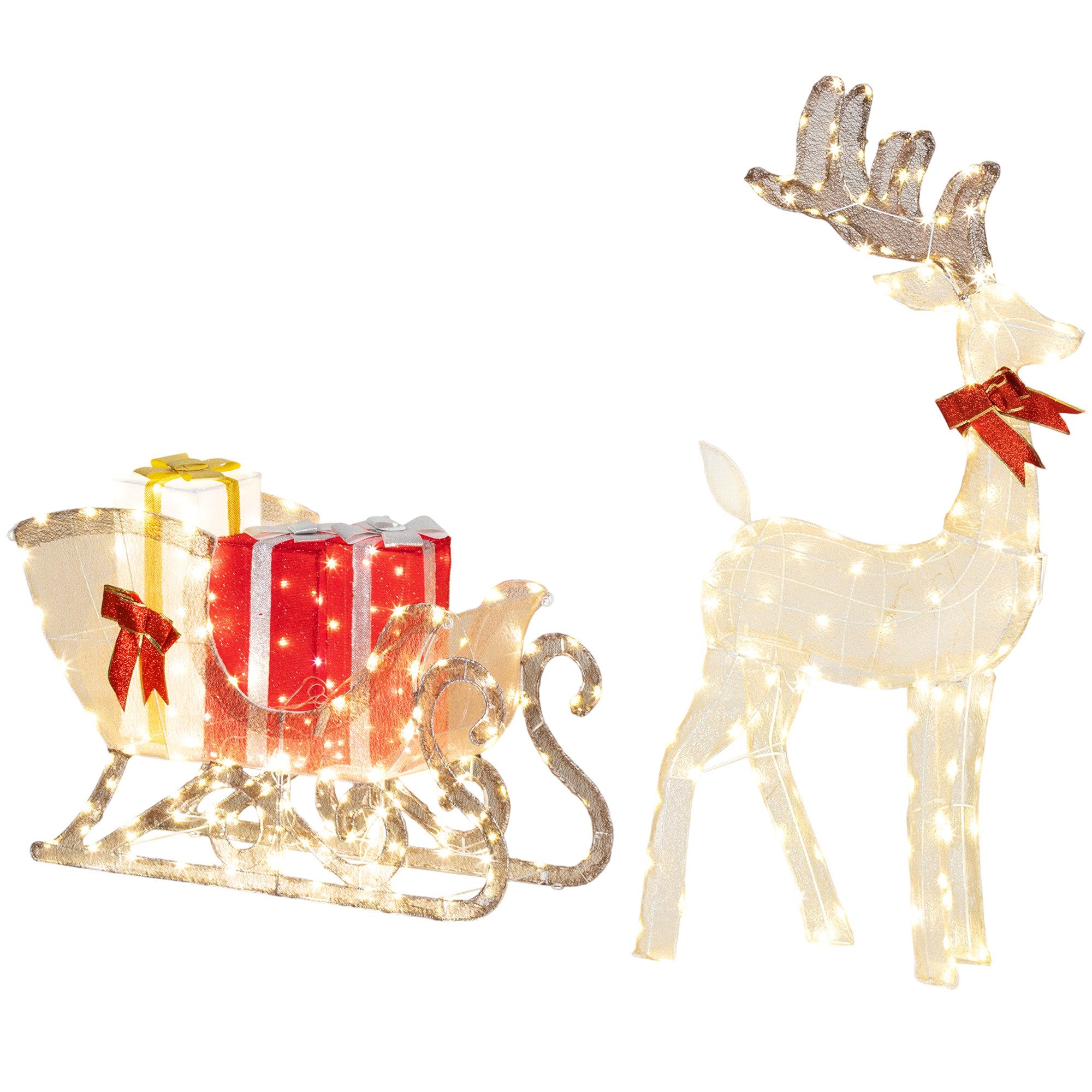 Outsunny Weihnachtsfigur LED Rentier mit Schlitten Weihnachtsdeko Weihnachtsbeleuchtung (Weihnachtsdekoration, 1 St., Weihnachtsdeko mit 337 warmweißen Lichtern), für Außen & Innen