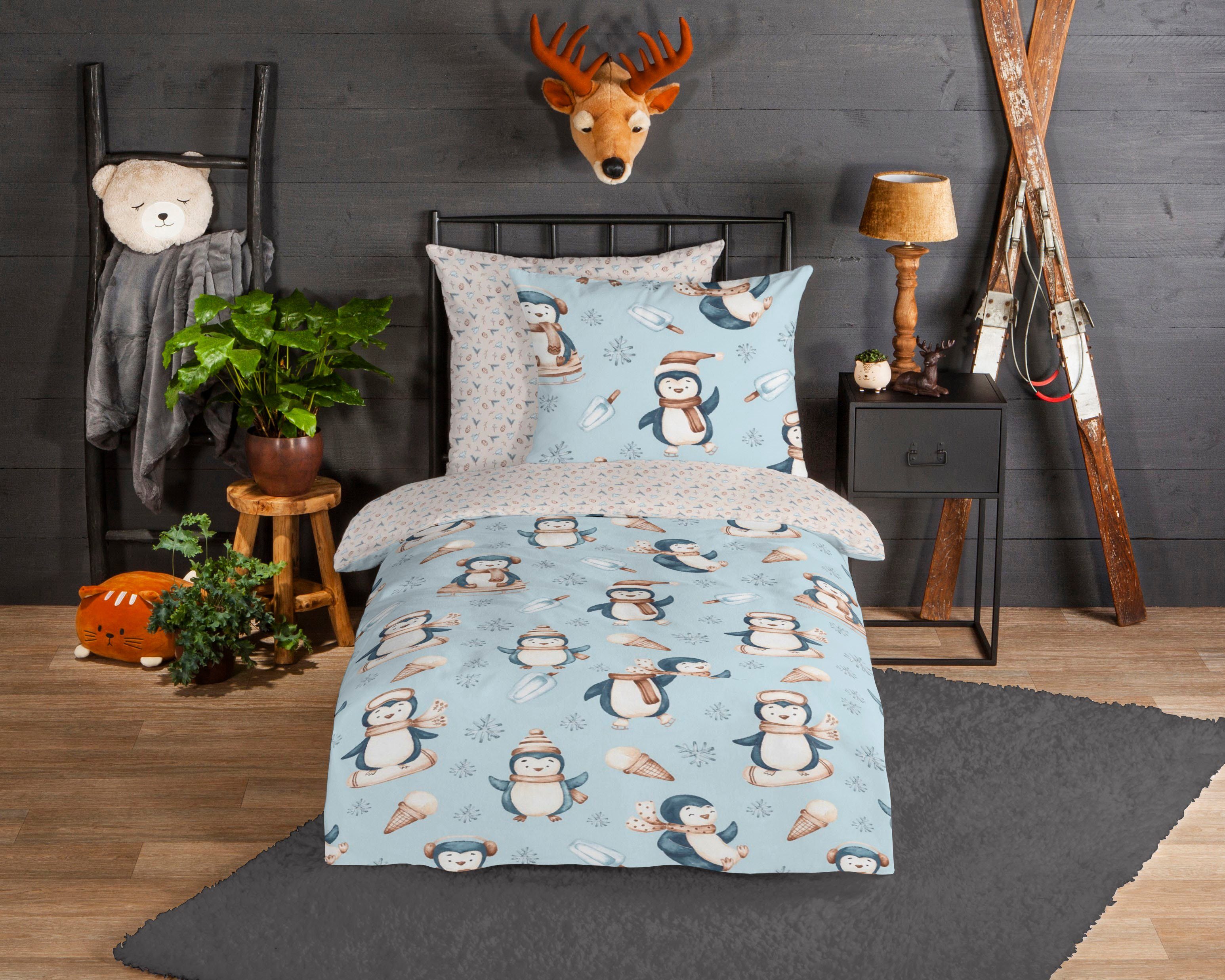 good morning Kinderbettwäsche Jani mit Pinguinen, Biber, Flanell, 2 teilig, Biber, 135x200, Warm, Weich, Wende, Reißverschluss, Kind, Winter, Blau – Bild 2 von 5
