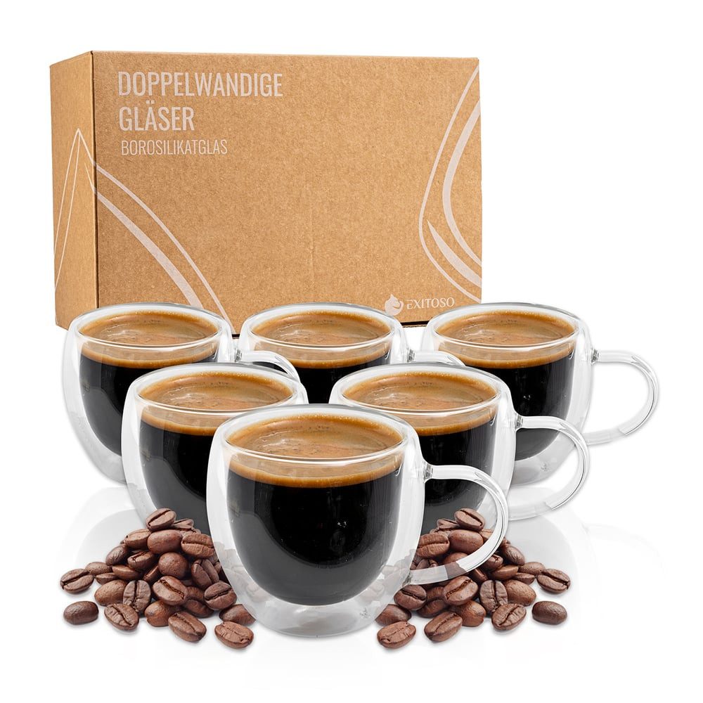 Exitoso Gläser-Set 6er-Set 80ml, Glas, Latte Macchiato Kaffee Softdrinks Bier Tee Kakao, doppelwandig