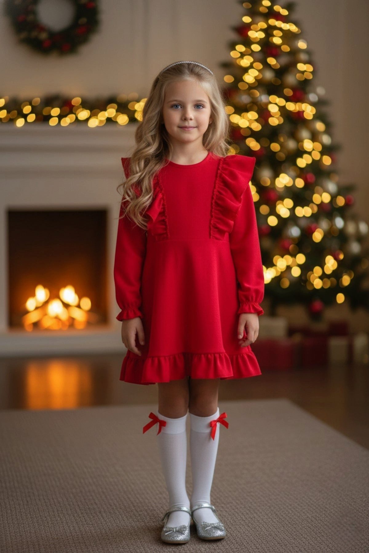 Parla Kids Sommerkleid Rotes Mädchen Leinenkleid – Langarm mit Rüschen