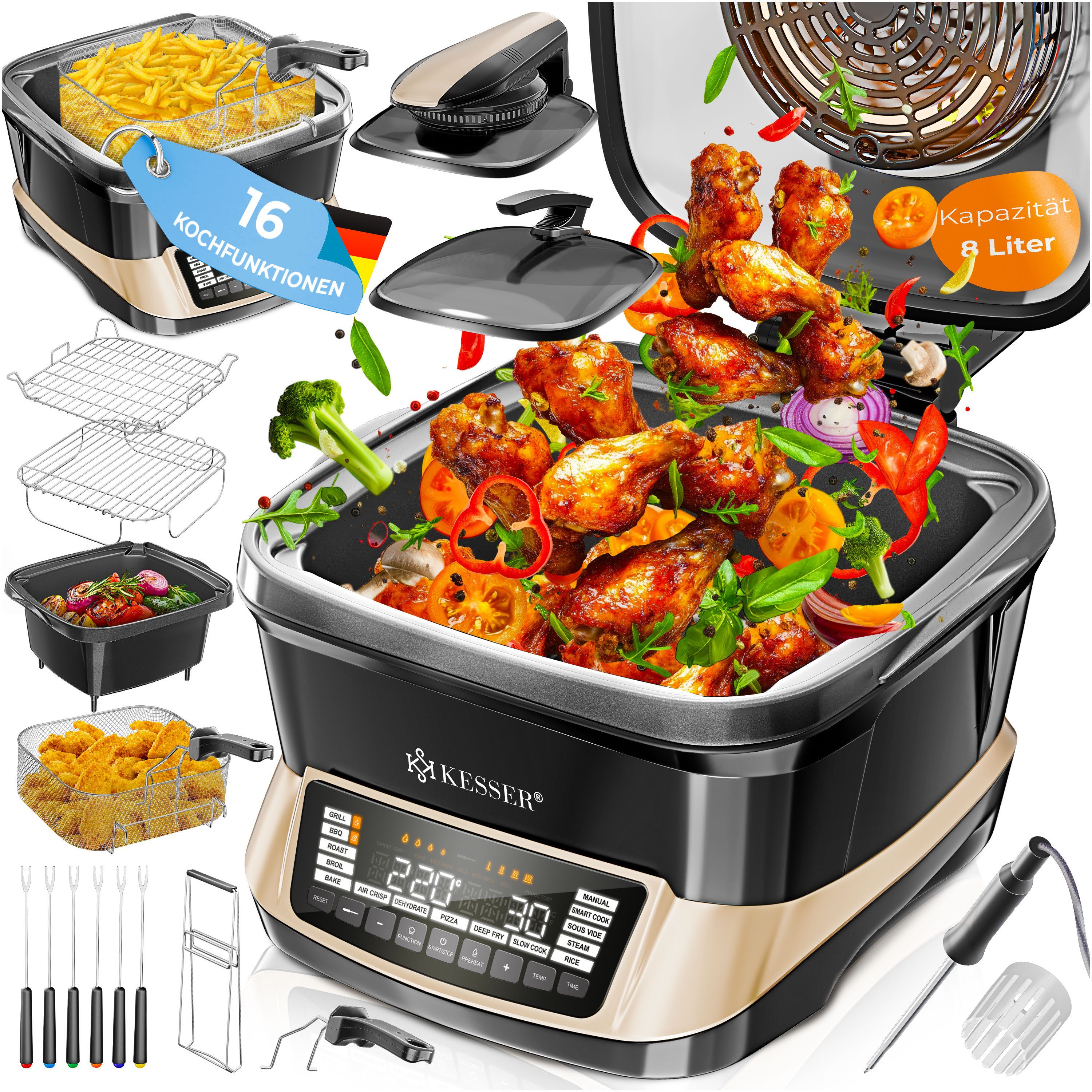 KESSER Multikocher Küchengerät mit 16 Programmen Grillen, Backen, Schmoren, Dampfgaren, 1800 W, All-in-One Slow Cooker, Schnellkochkopf, Heißluftfritteuse, Reiskocher