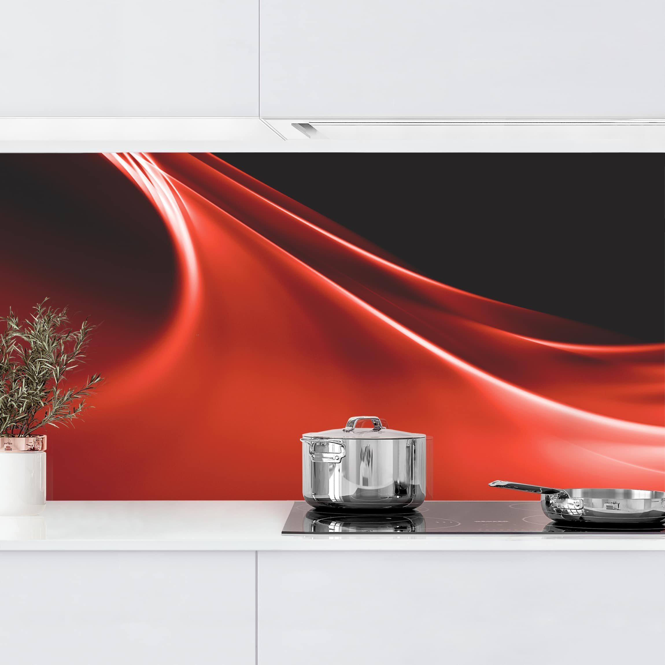 Bilderdepot24 Küchenrückwand rot dekor Abstrakt Wandpaneel Red Wave Wandverkleidung Küche, (1-tlg., Nischenrückwand - für Fliesenspiegel ohne Bohren - matt), Spritzschutz Rückwand Küche Herd - Folie selbstklebend versch. Größen