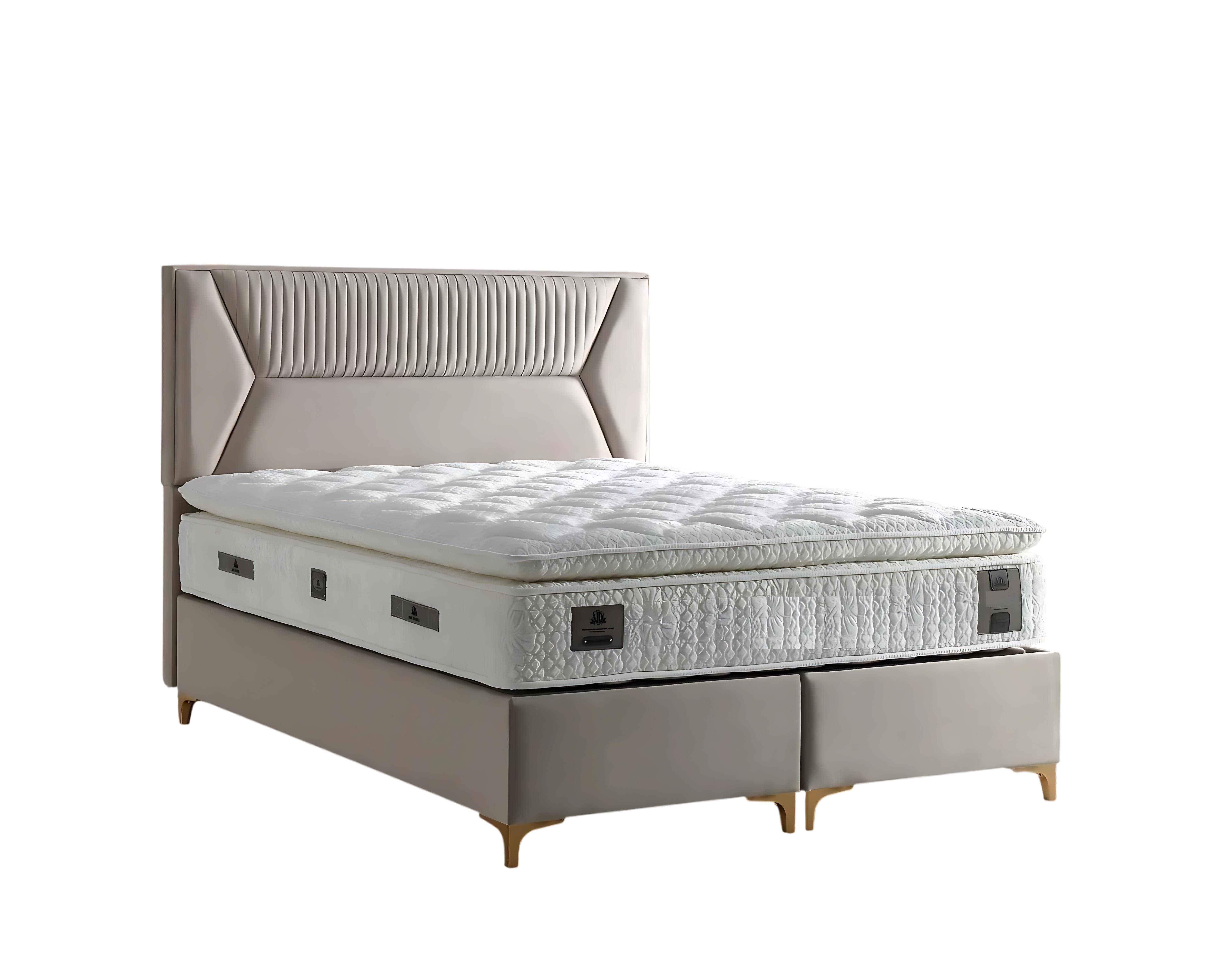 JVmoebel Boxspringbett Beiges Bett aus Holz mit bequemer Textilmatratze (1-St)