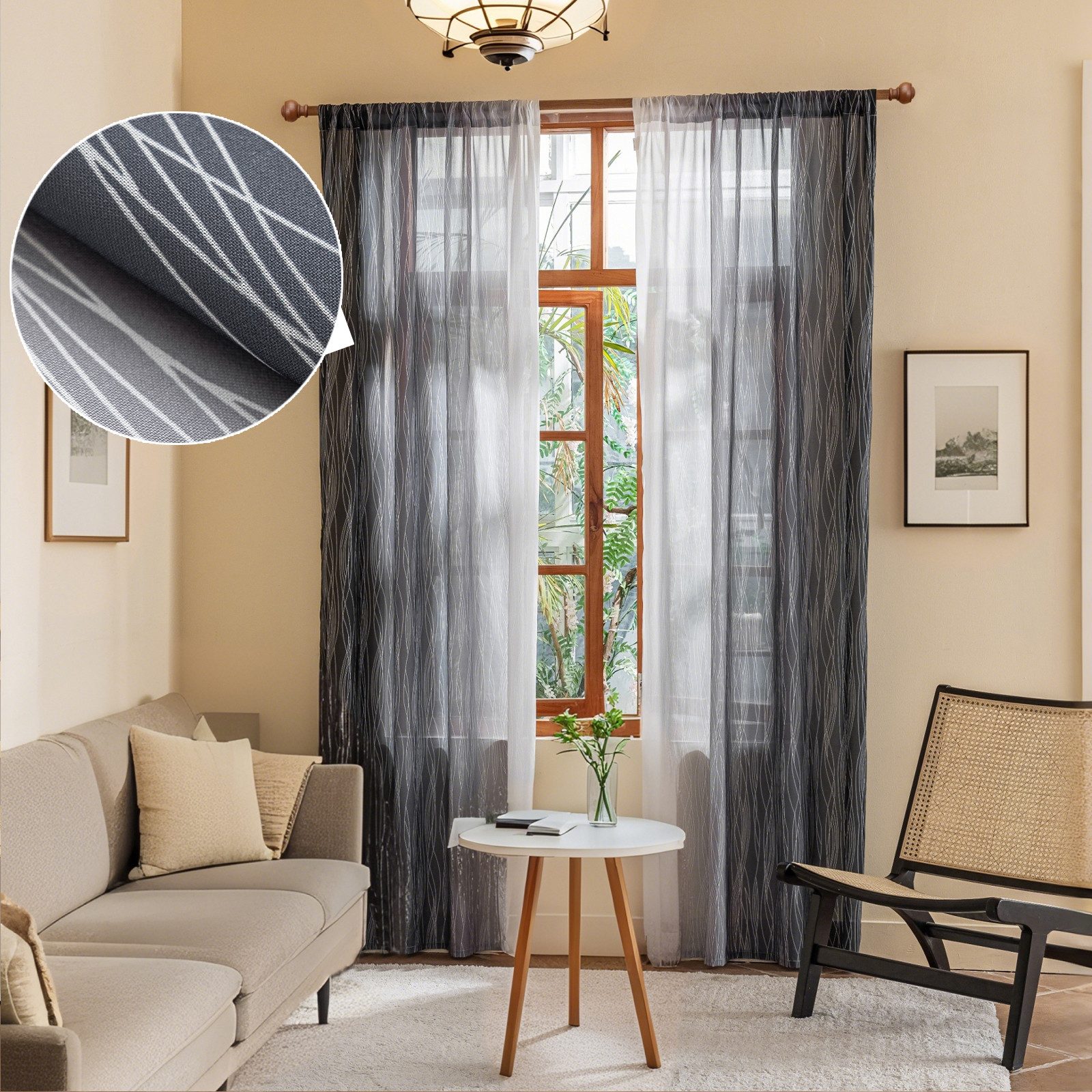 BTTO V&G Gardine Schwarz-Grau-Weiß Vorhänge,Voile Streifen Gardinen (2 St), halbtransparent, 2er Set,Halbtransparent