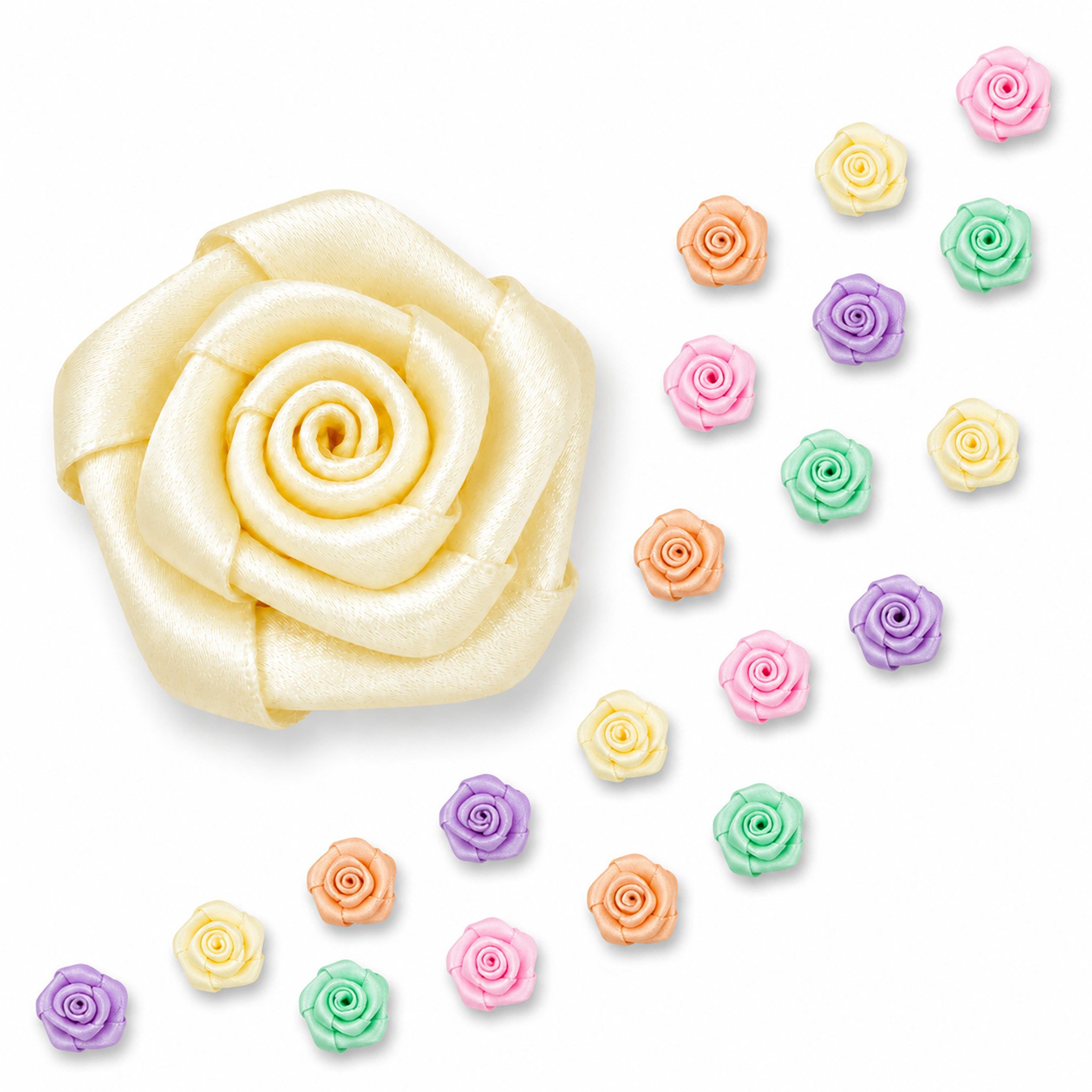 Creativery Streudeko, Satinrosen 15mm zum Basteln & Aufnähen 20 Stück Pastell Mix