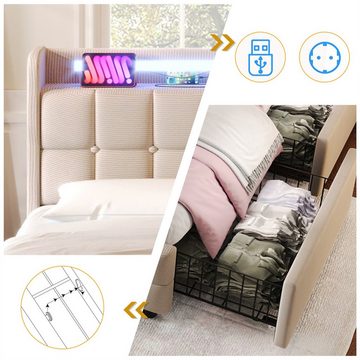 Fangqi Polsterbett Doppelbett mit USB-Ladeanschluss, LED-Beleuchtung, Schublade x 4 (Mit 4 Schubladen, farblich einstellbarer LED-Beleuchtung, Kopfteil mit Steckdosen und USB-Anschlüssen)