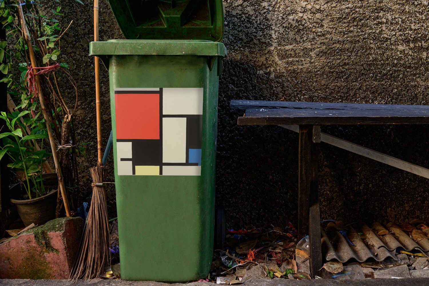MuchoWow Mülleimer-aufkleber, St), Piet Komposition rotem mit Mondrian Abfalbehälter (1 schwarz, Mülltonne, - Container, blau Sticker, Wandsticker Quadrat,