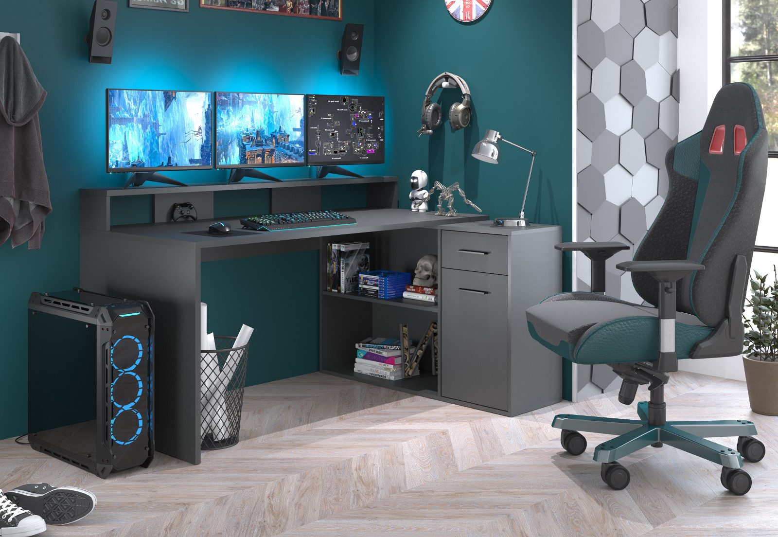 trendteam Schreibtisch Gamer (Winkelschreibtisch oder gerade stellbar, 160 - 200 cm), 4 verschiedene Aufbaumöglichkeiten, mit viel Stauraum