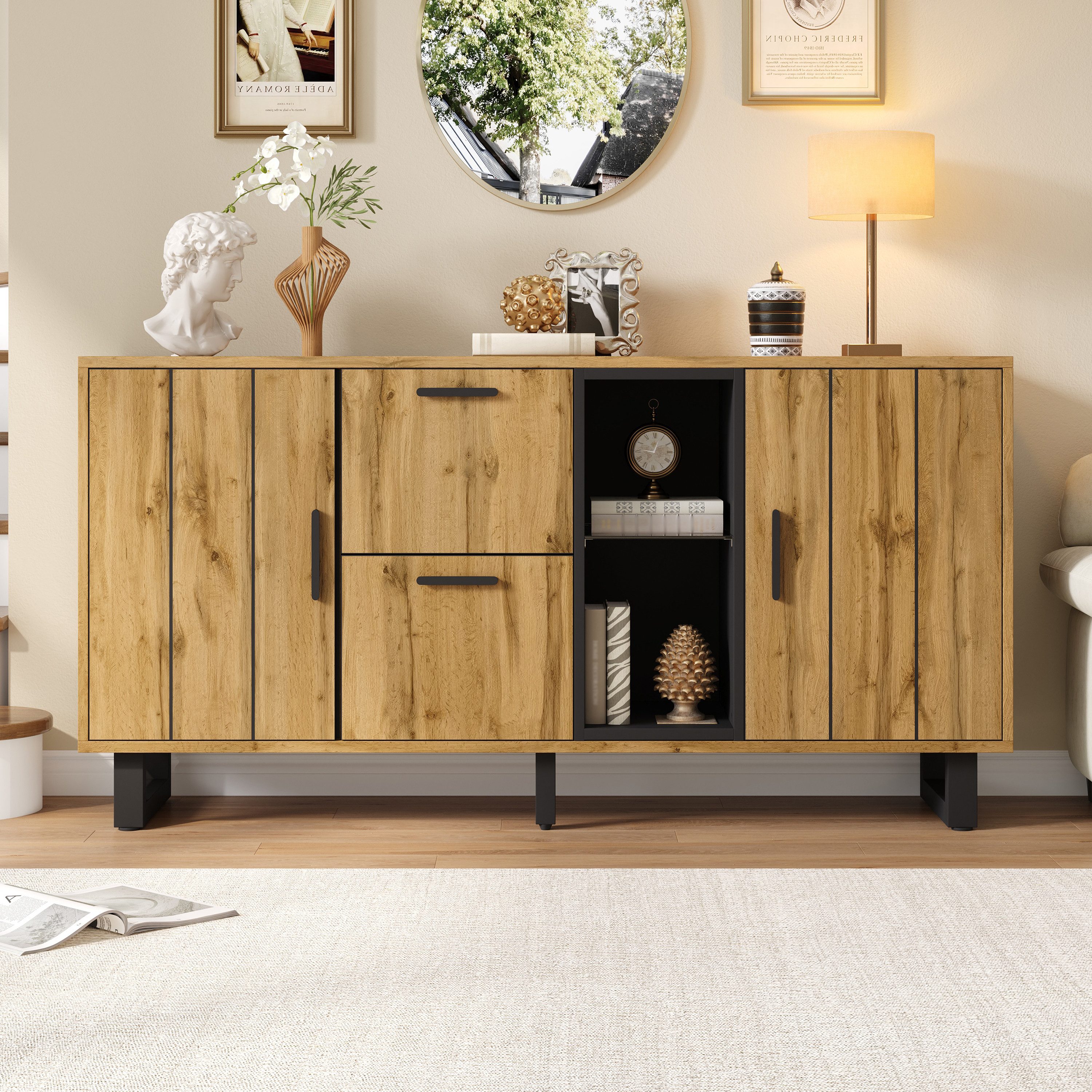 Merax Sideboard mit LED-Beleuchtung, Wohnzimmerschrank in Naturholzfarbe & günstig online kaufen