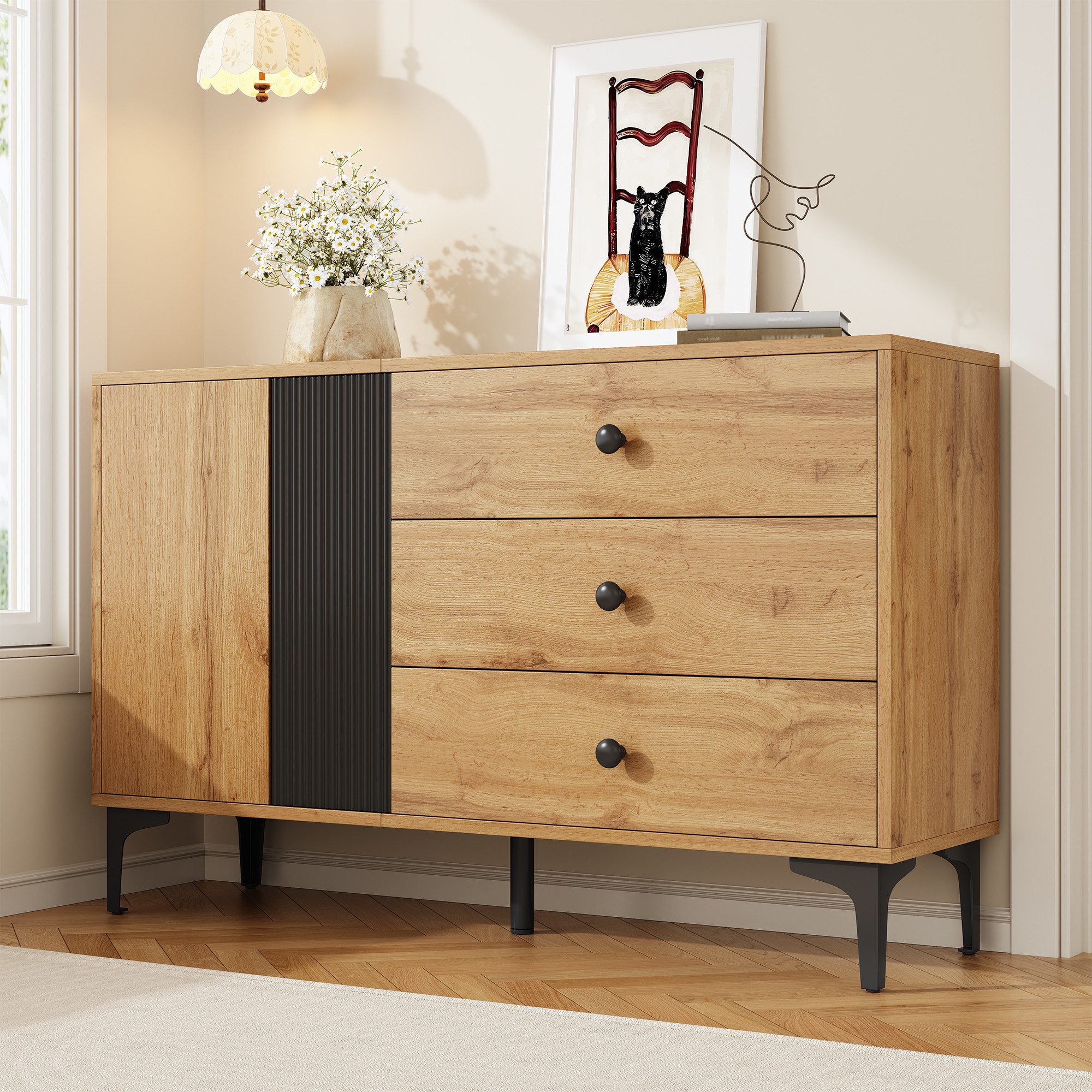 Merax Sideboard in Holzoptik mit schwarzen Streifen (1 St), Schrank Kommode günstig online kaufen